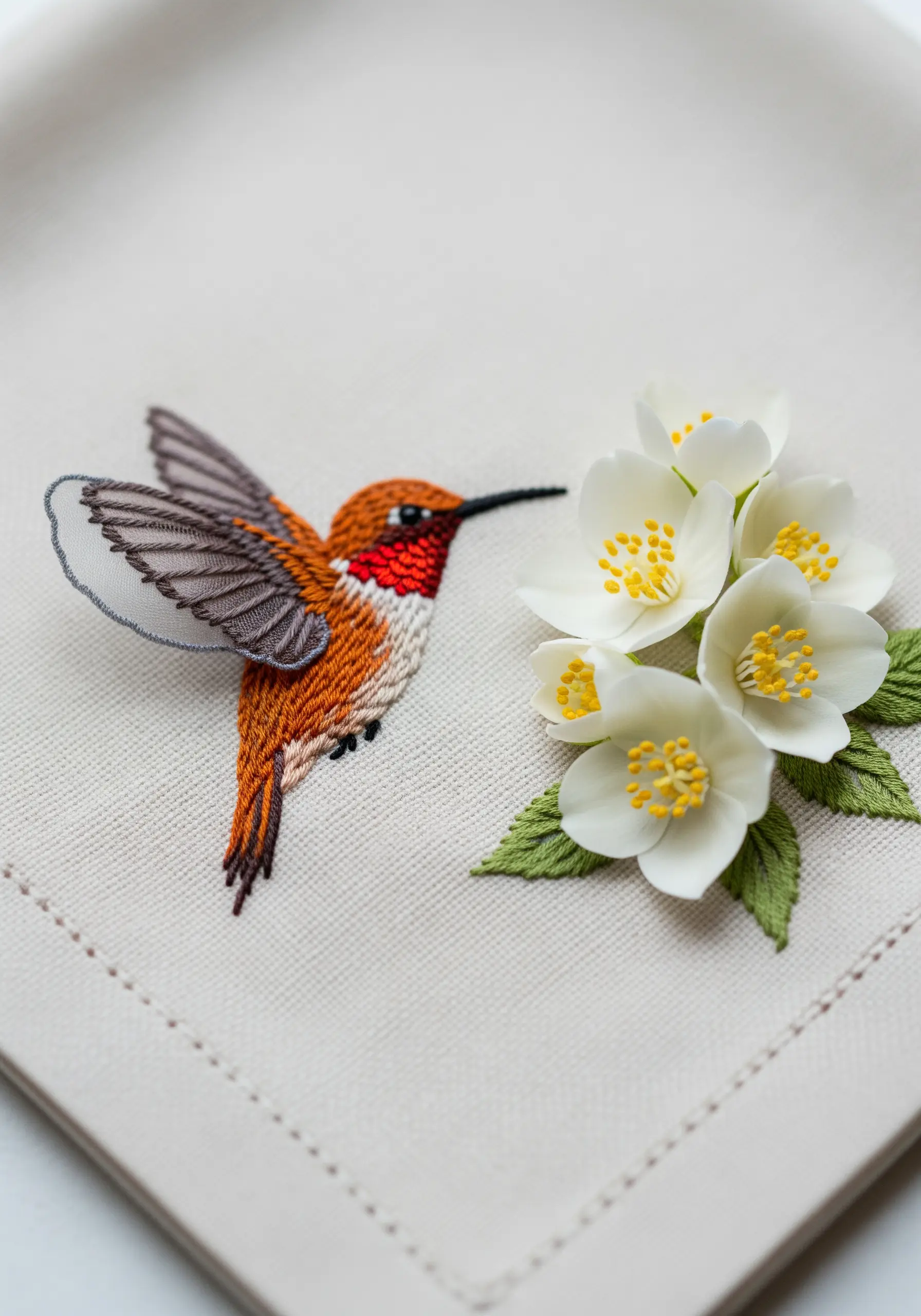 Embroidered hummingbird with detached organza wings next to 3D white flowers.