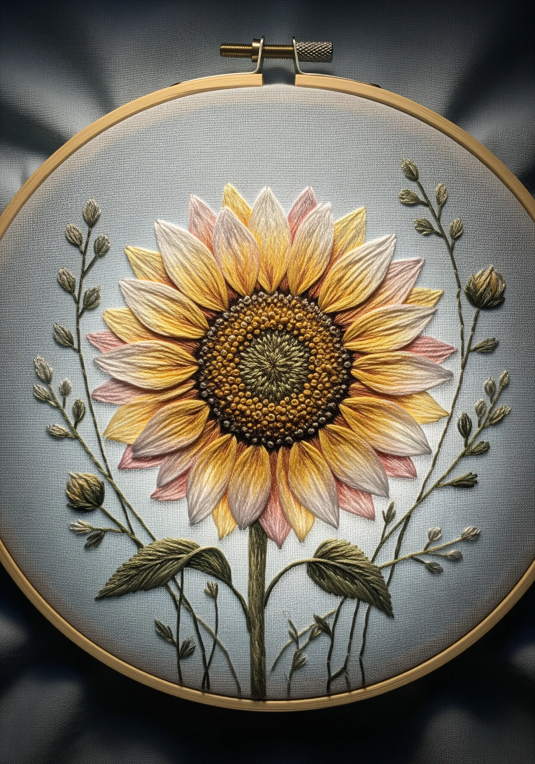A sophisticated sunflower embroidered with soft pink, yellow, and white threads in a wooden hoop