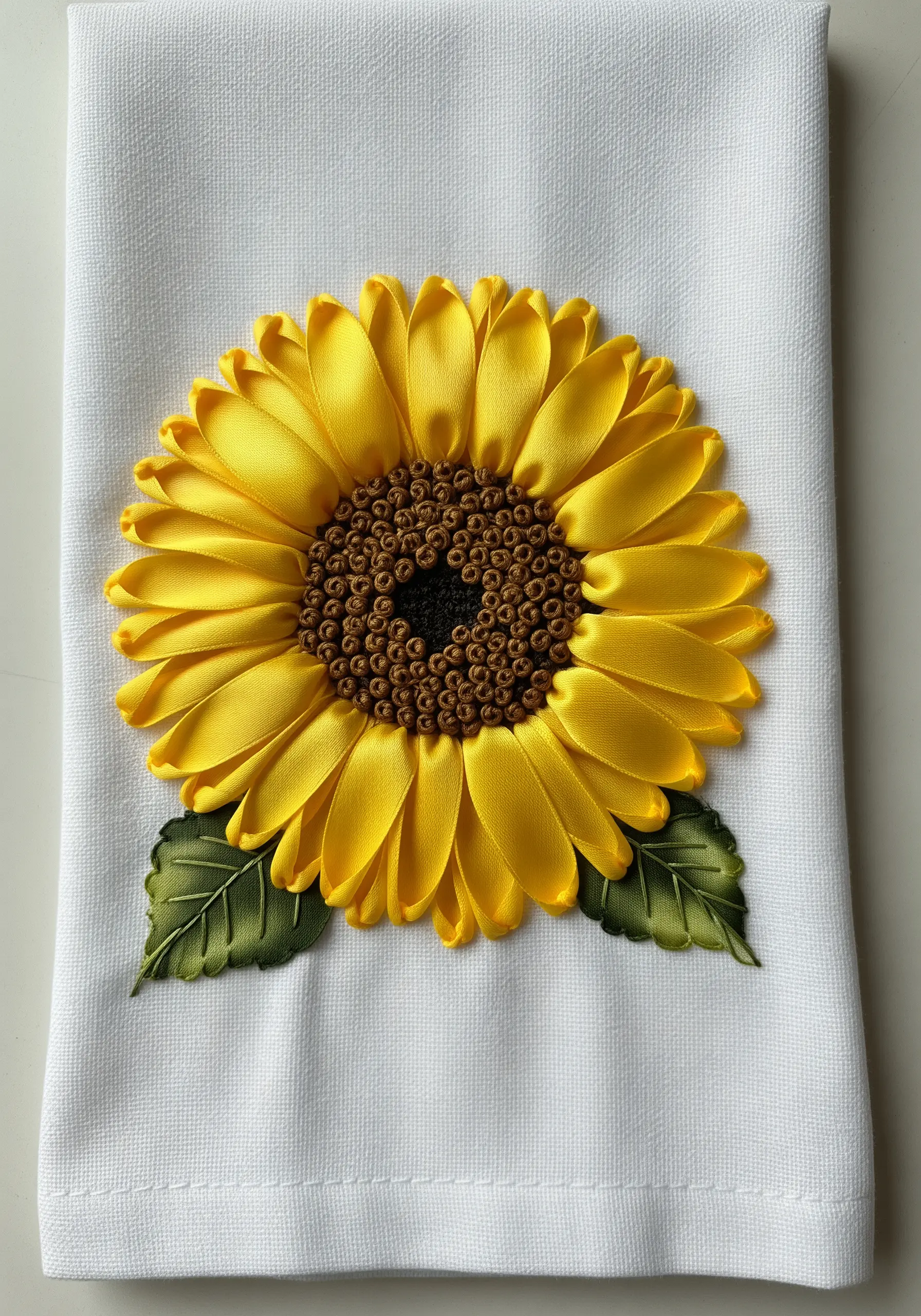 A sunflower made with 3D yellow ribbon embroidery for the petals and French knots for the center