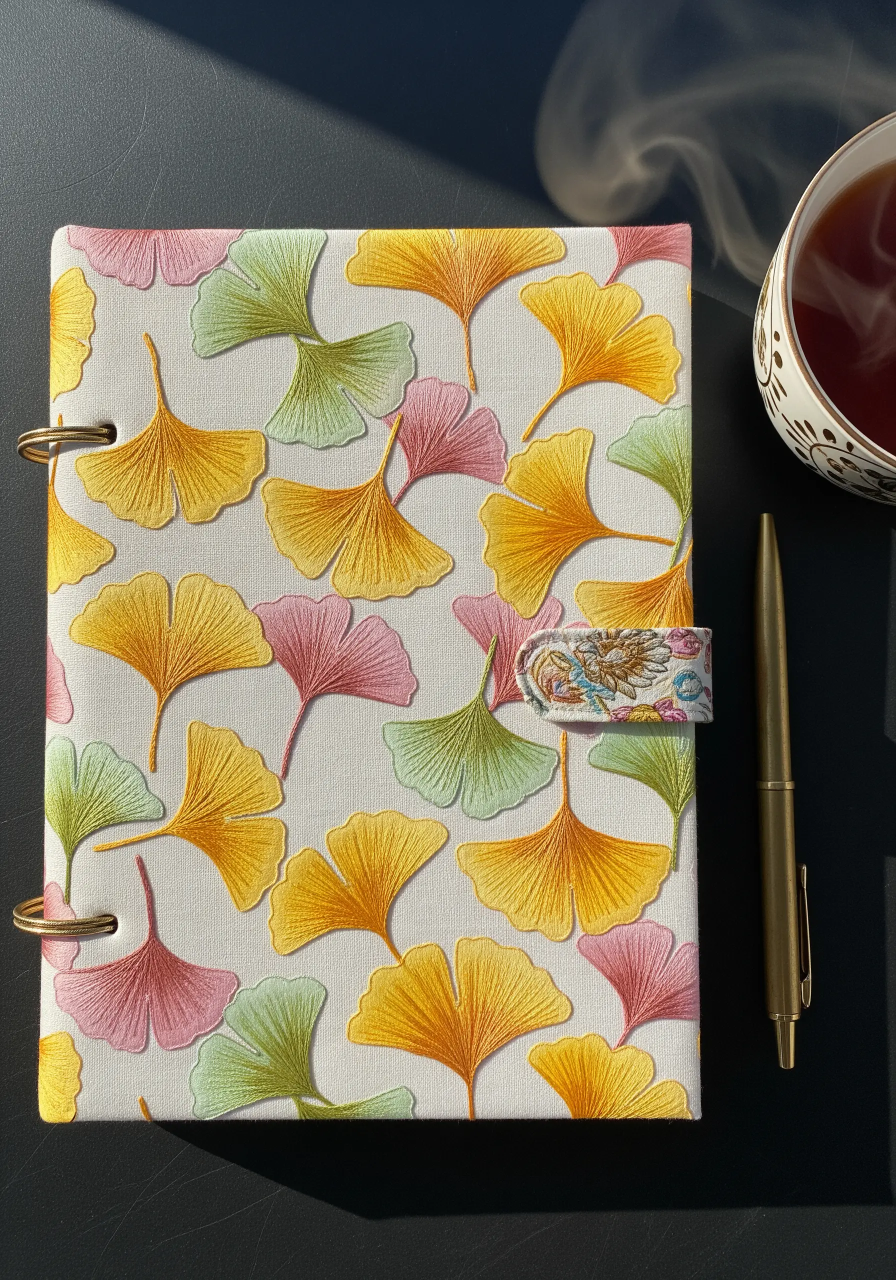 Journal cover decorated with colorful ginkgo leaf embroidery in yellow, pink, and green.