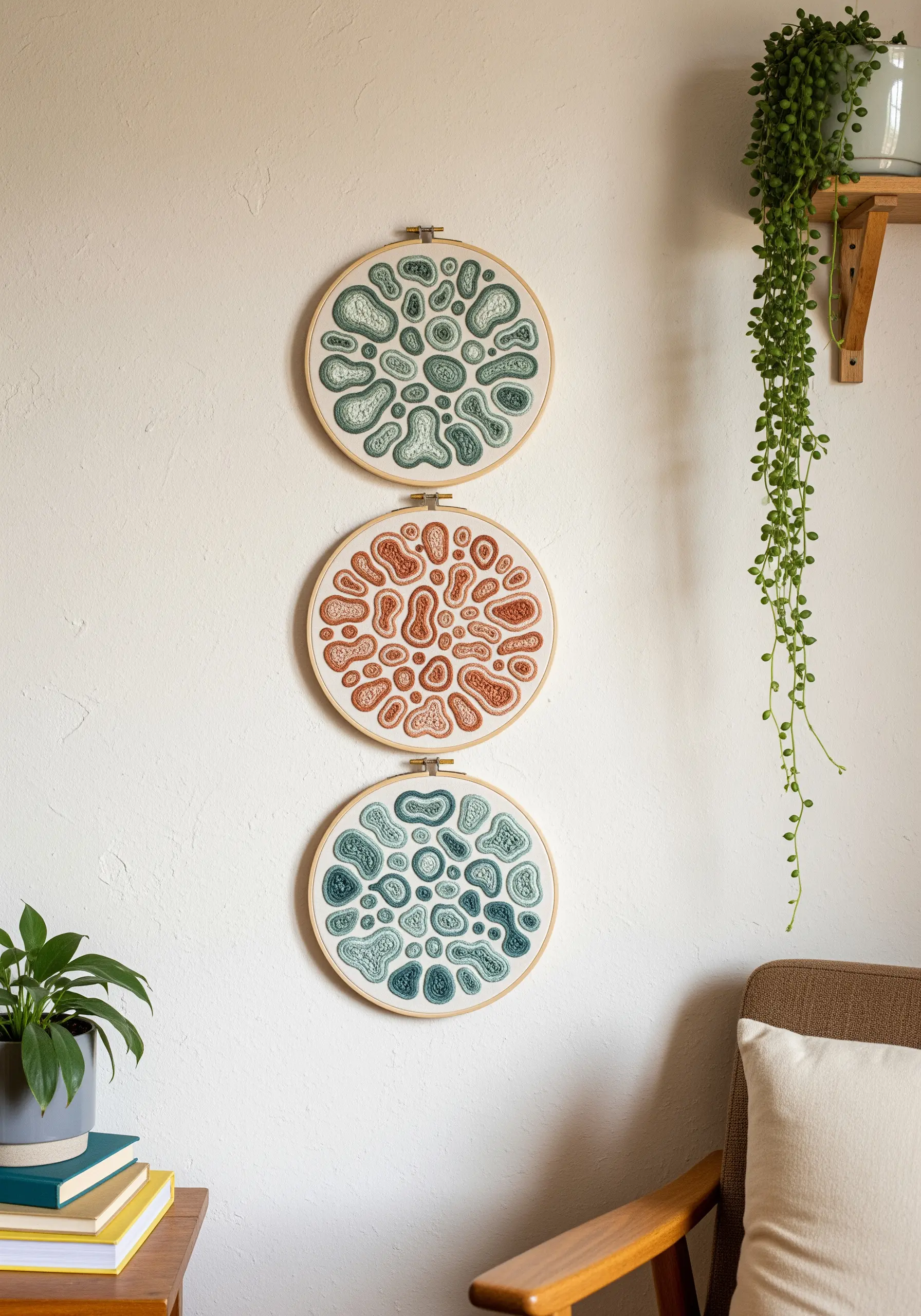 Triptych of embroidery hoops with layered, cell-like organic shapes in greens, reds, and blues.