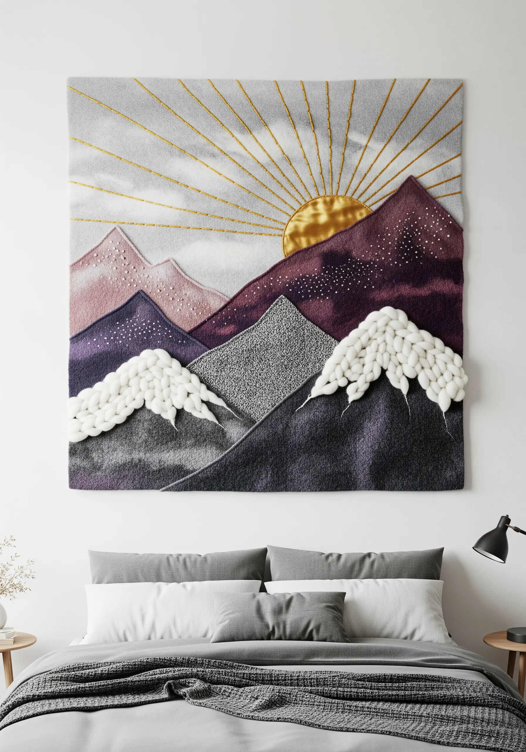Mountain landscape wall art with felt appliqué, metallic sun rays, and chunky wool for snow.