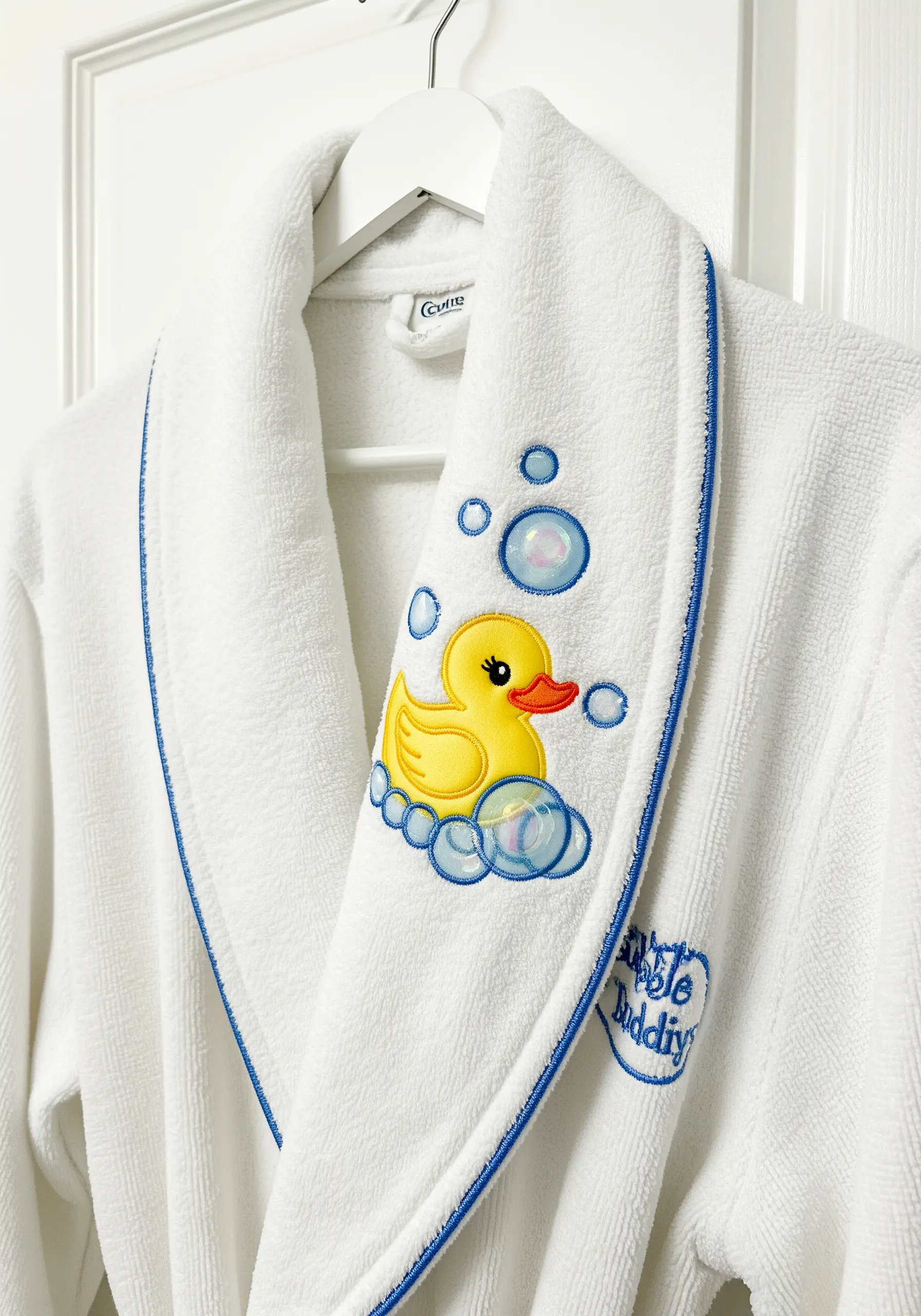 A yellow rubber duck and iridescent bubbles embroidered on the lapel of a white terry cloth bathrobe