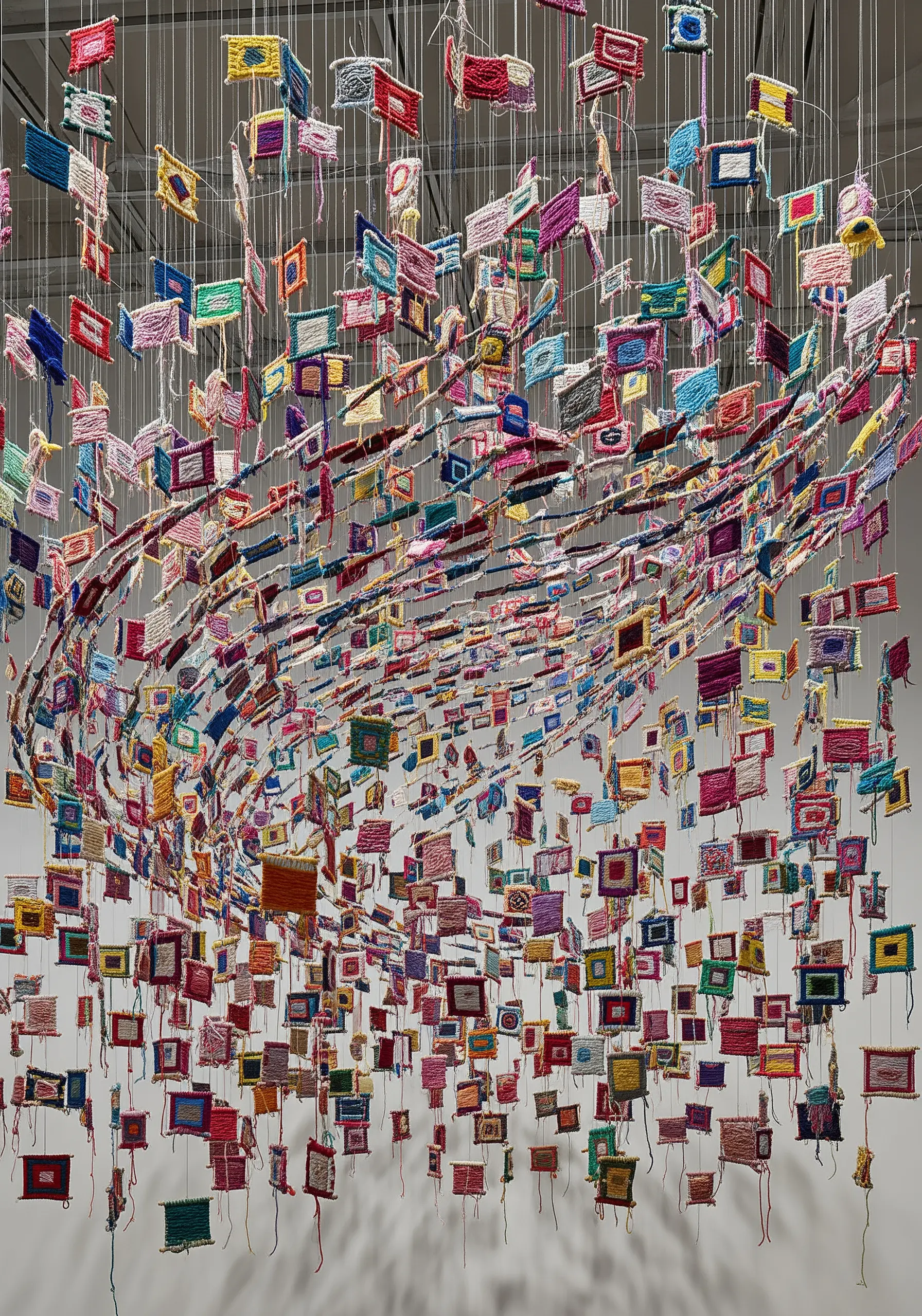A large hanging mobile made of hundreds of small, colorful woven rectangles.