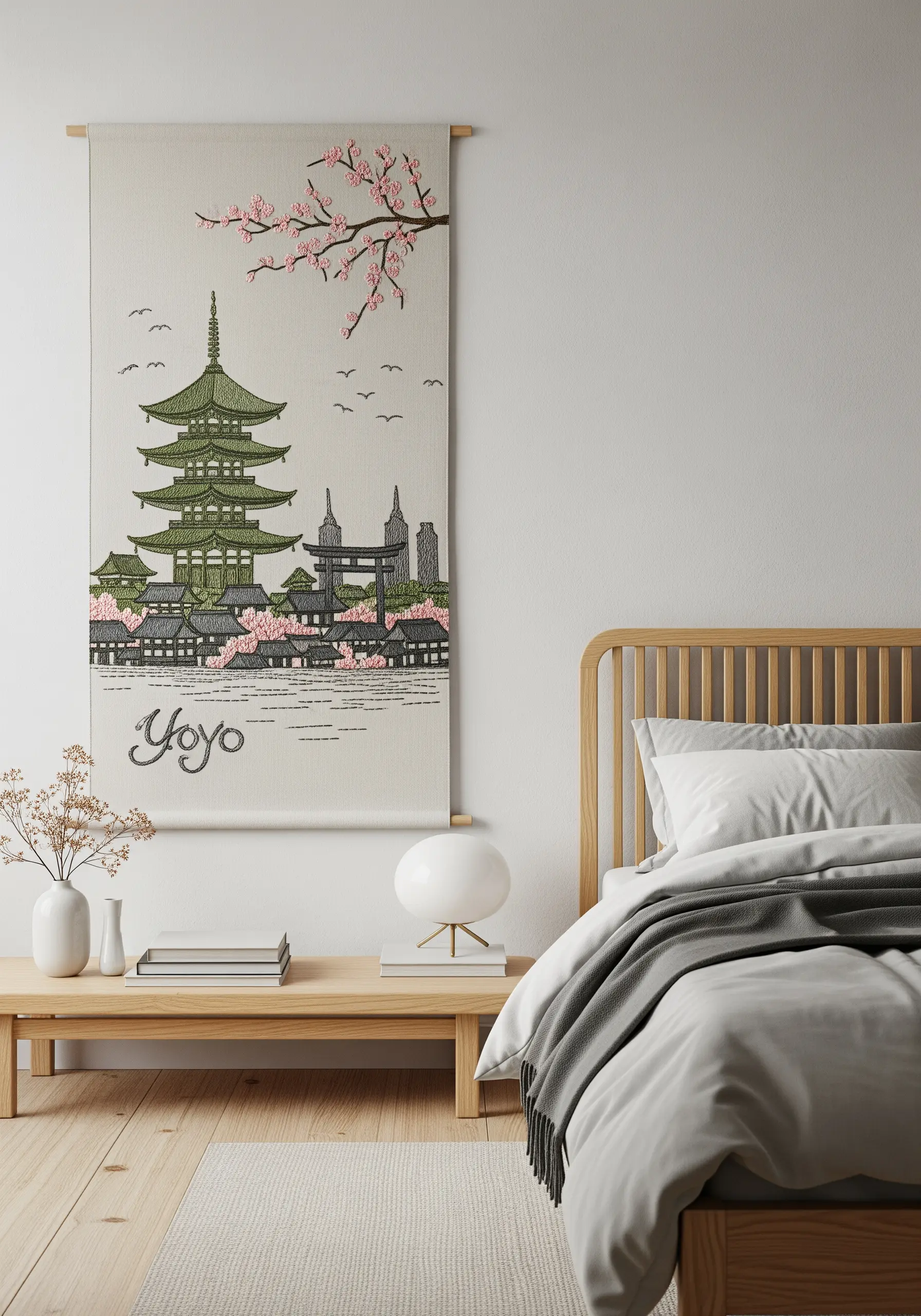 Embroidered Japanese pagoda and cherry blossoms on a fabric wall scroll in a bedroom.