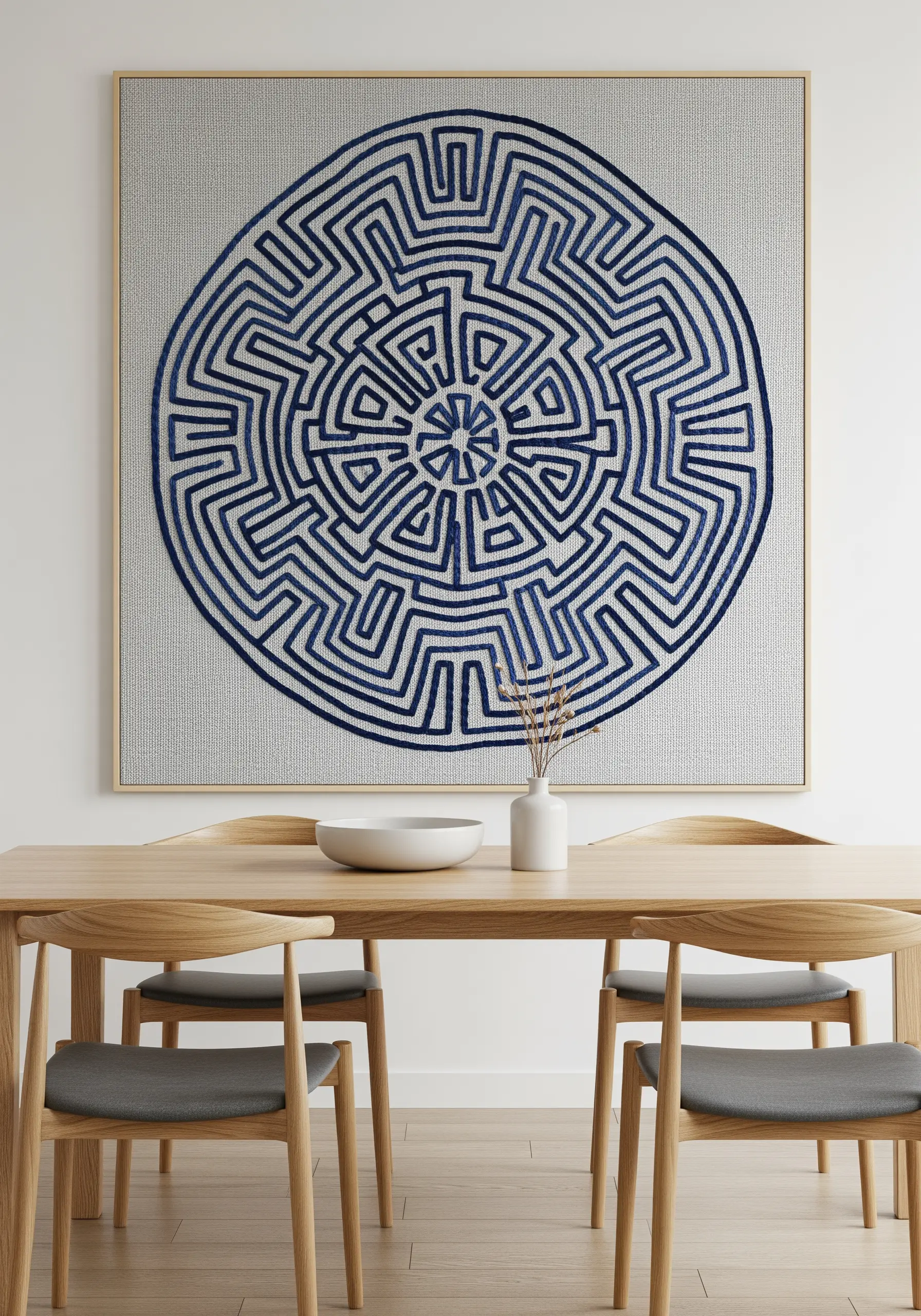 A large framed labyrinth mandala stitched in bold navy blue thread on a light gray fabric.