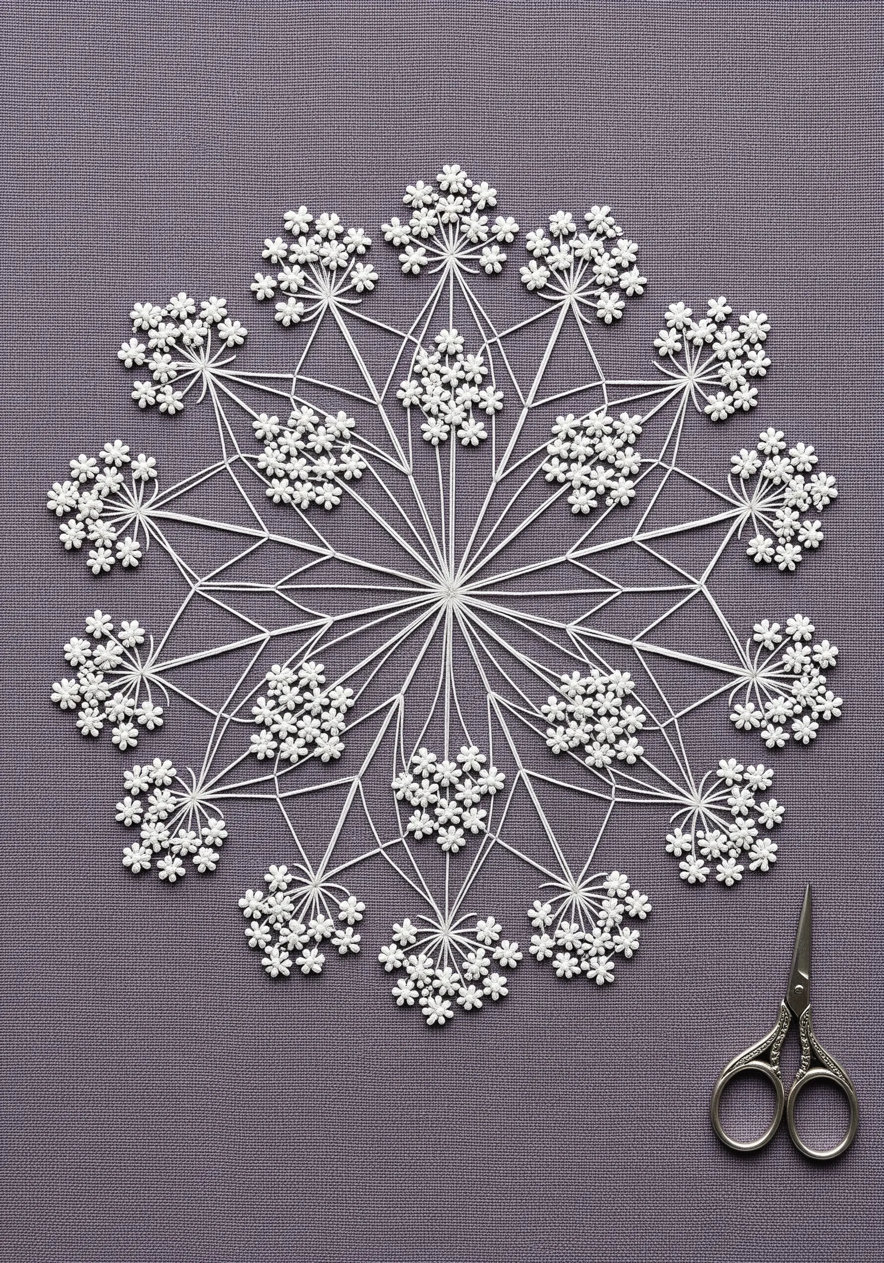 A delicate, geometric mandala of Queen Anne's Lace embroidered in white thread.
