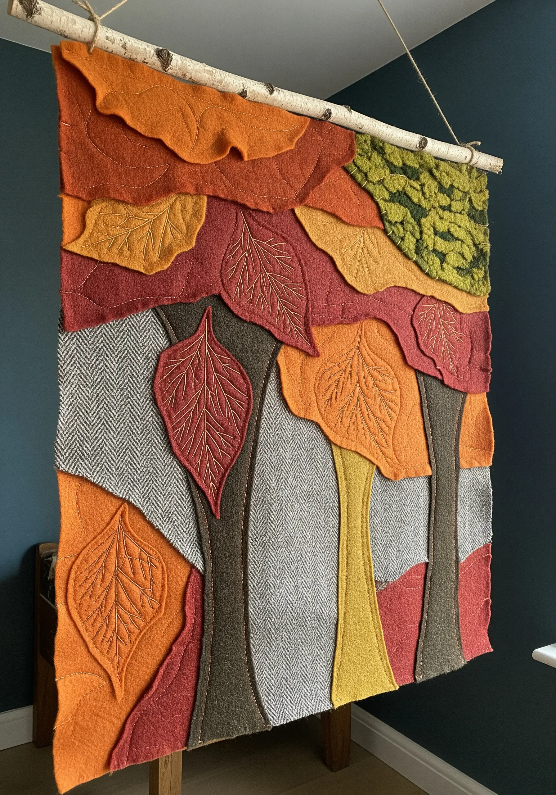 Wall hanging with layered felt and tweed fabrics depicting an autumn forest scene.