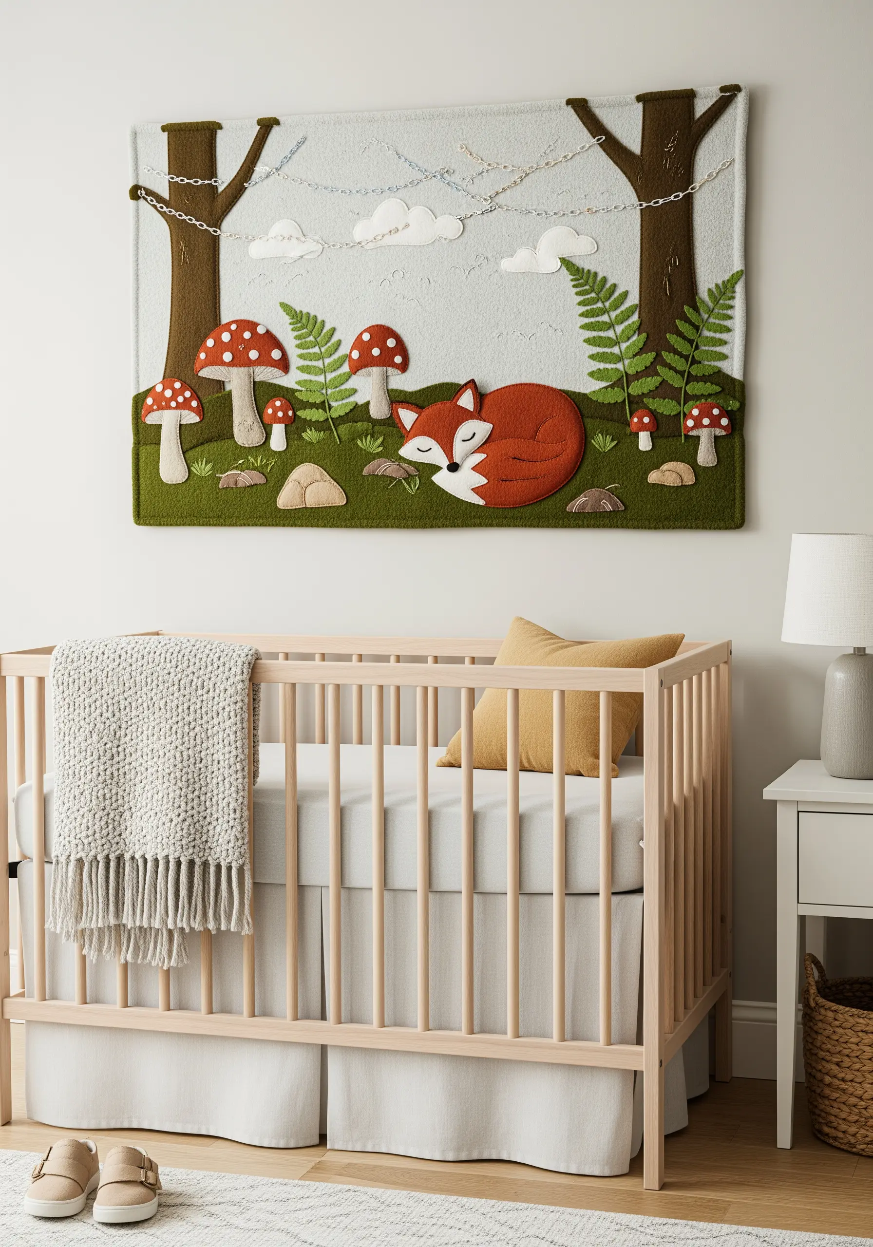 A nursery wall hanging with a felt appliqué sleeping fox, mushrooms, and trees.