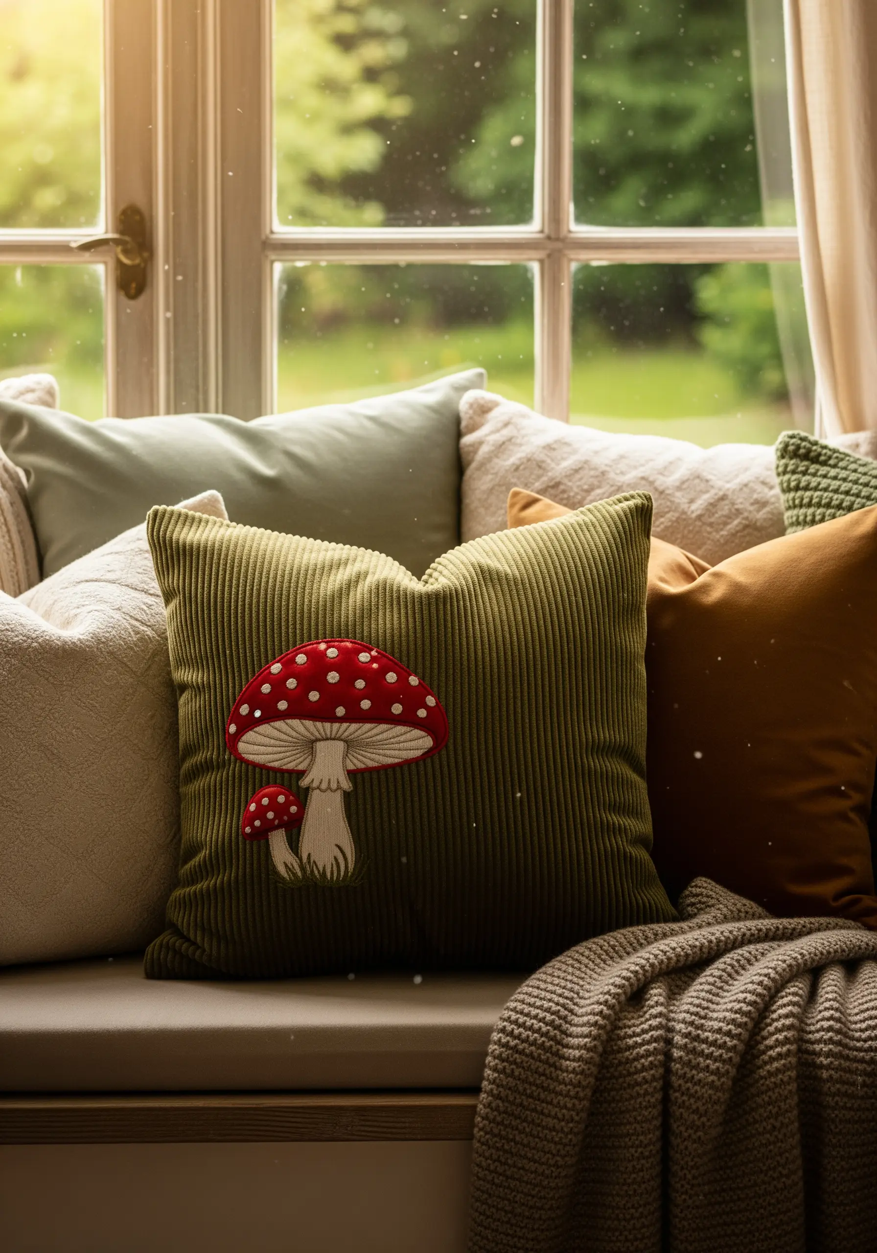 A red and white amanita mushroom appliqué with layered pieces on a green corduroy pillow.