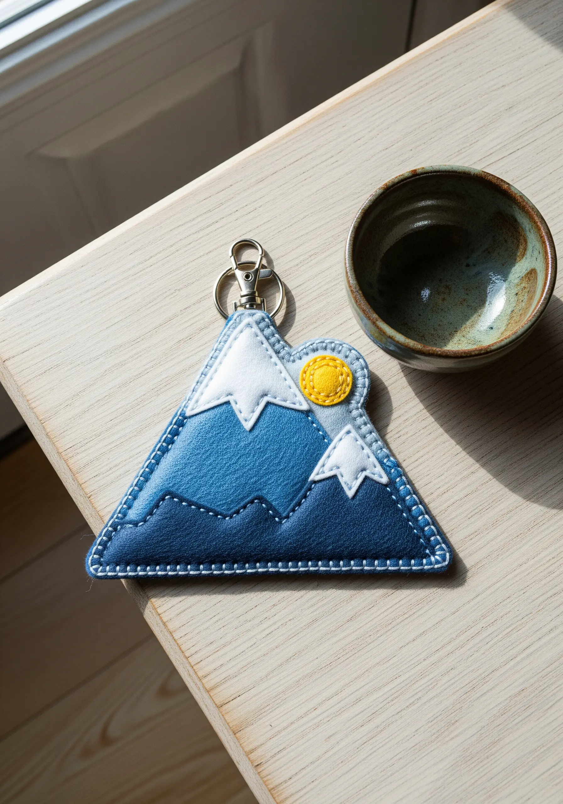 Layered felt mountain keychain with simple white running stitch details.