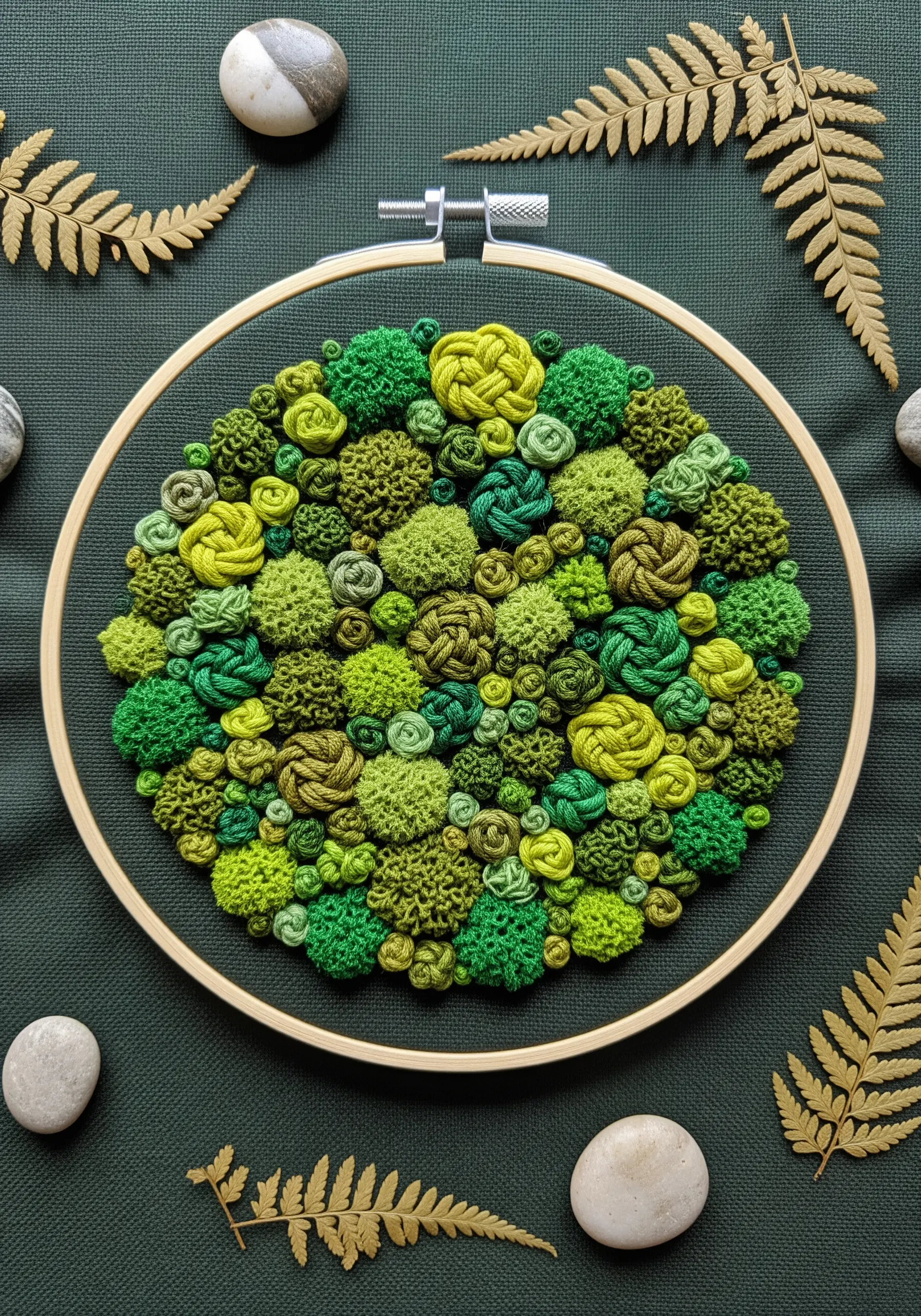 Embroidery hoop filled with a dense texture of green French knots, colonial knots, and woven wheels.