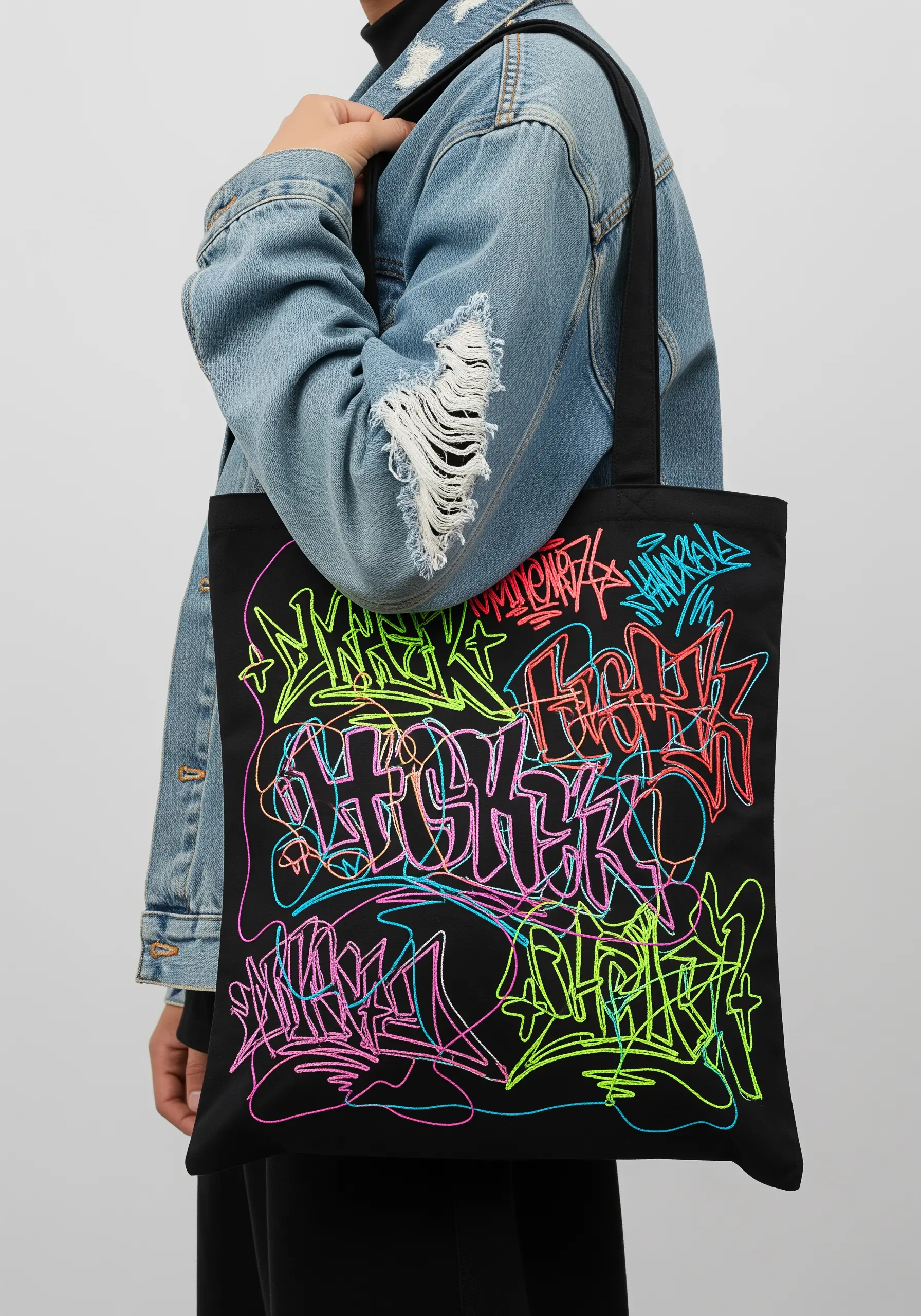 Overlapping graffiti tags embroidered in bright neon colors on a black tote bag.
