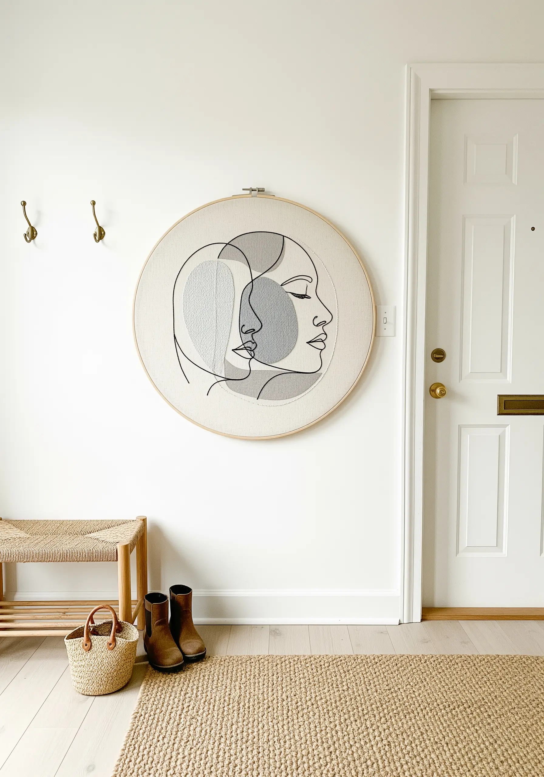 Two overlapping line art faces on a large hoop, with sections filled in with gray seed stitch.