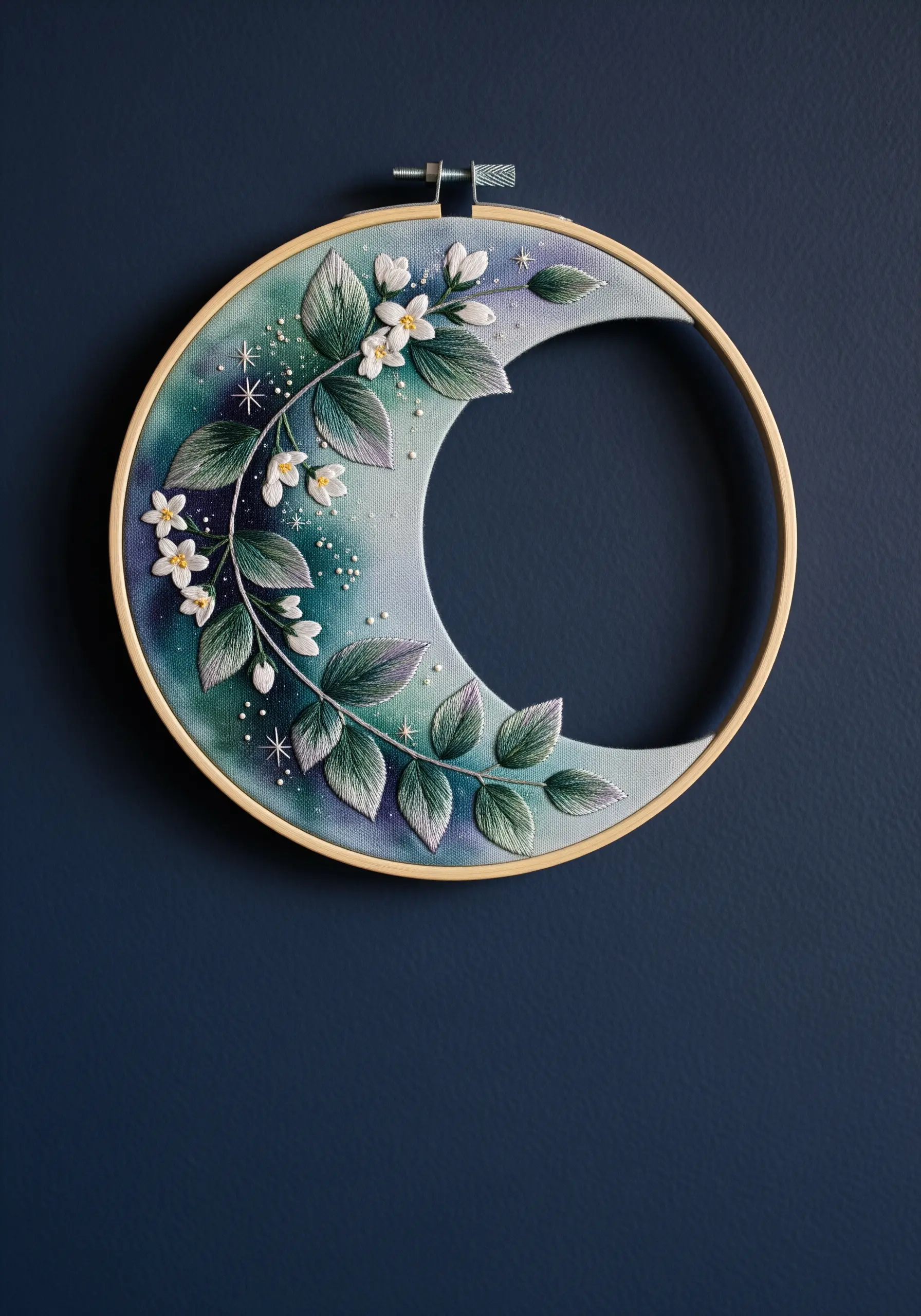Crescent moon embroidery hoop with leaves and flowers stitched over a painted watercolor background.