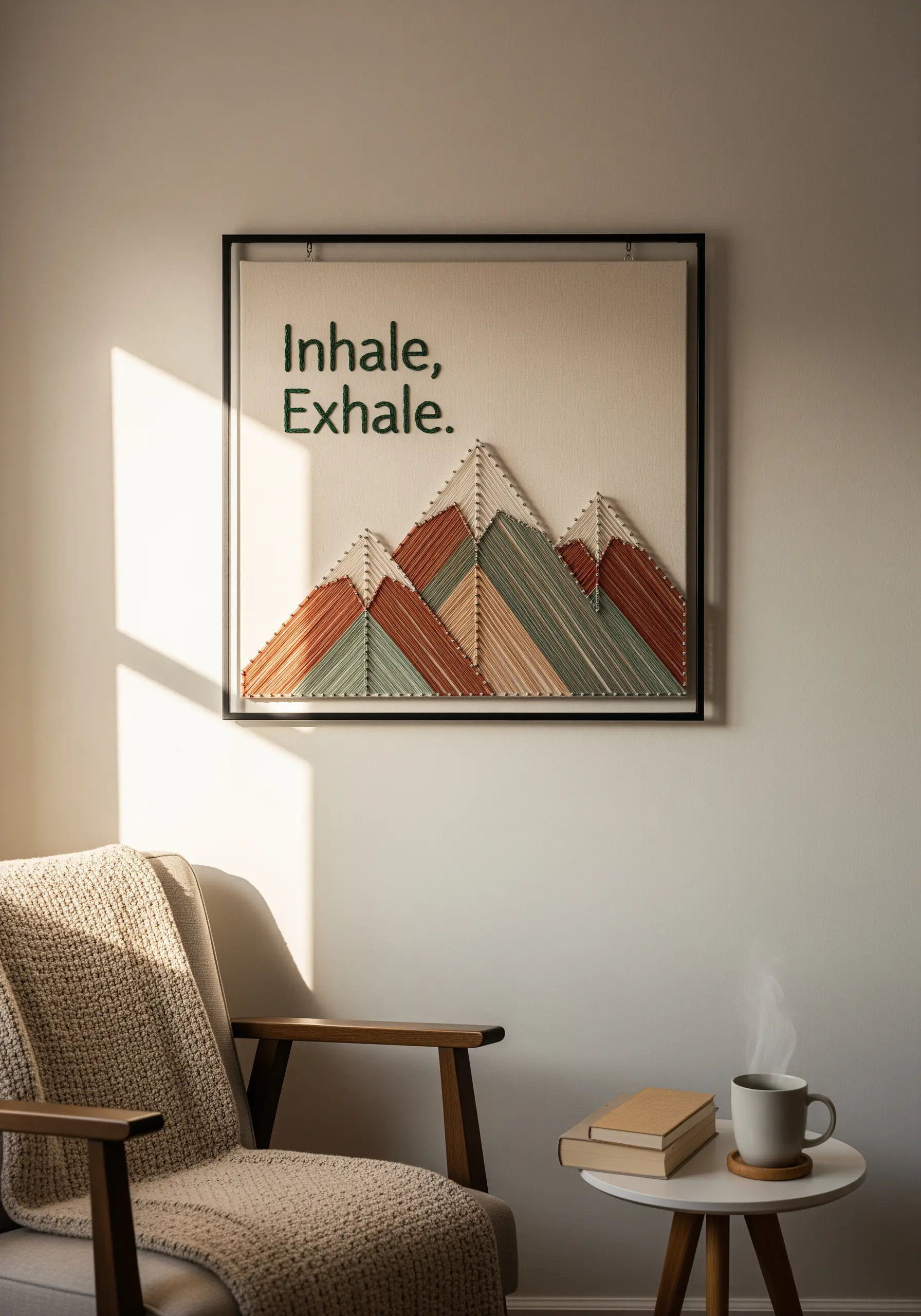Minimalist string art of layered mountains in muted colors with the quote 'Inhale, Exhale.'