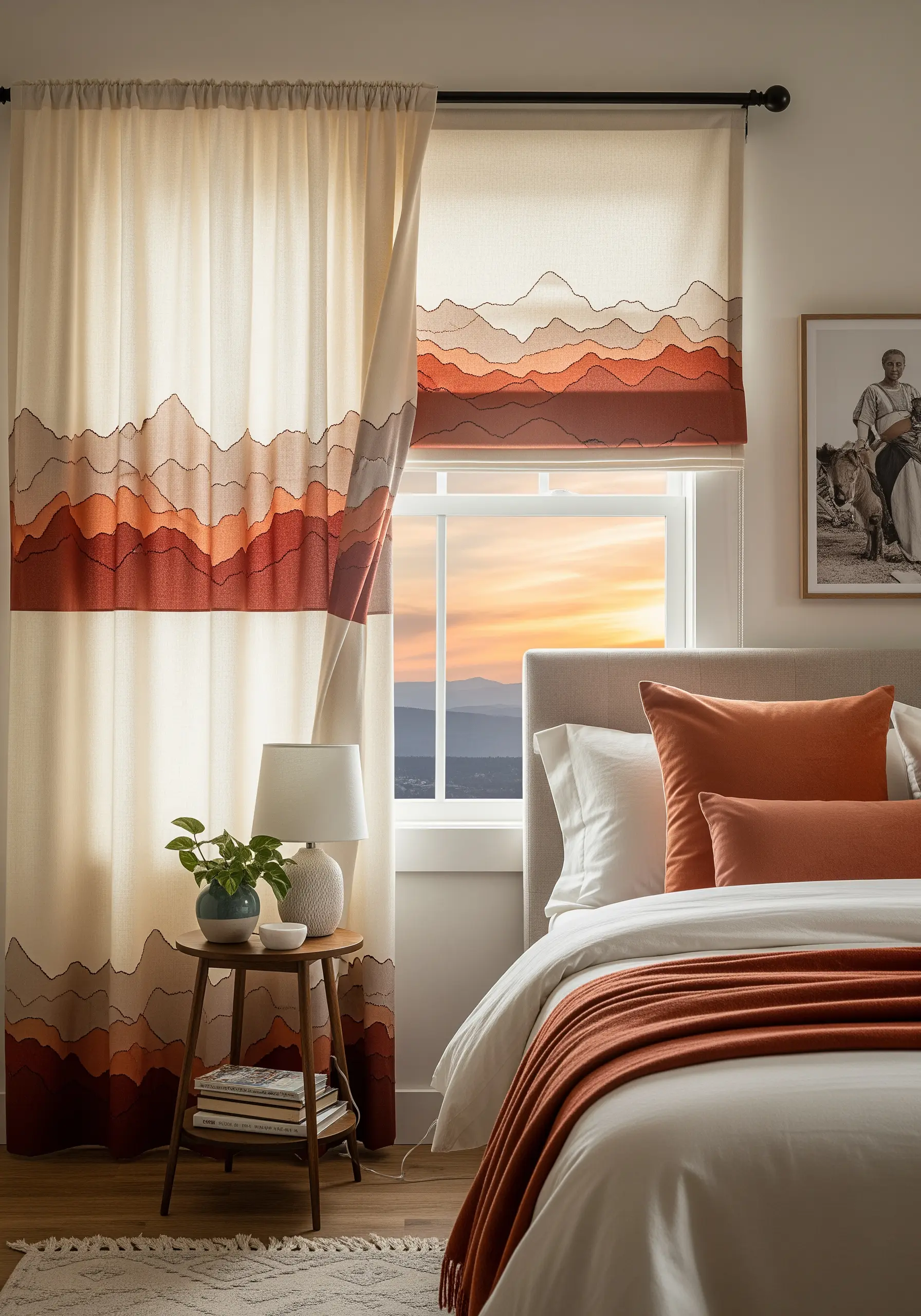 Embroidered mountain range in layered, earthy tones on a curtain and Roman shade.
