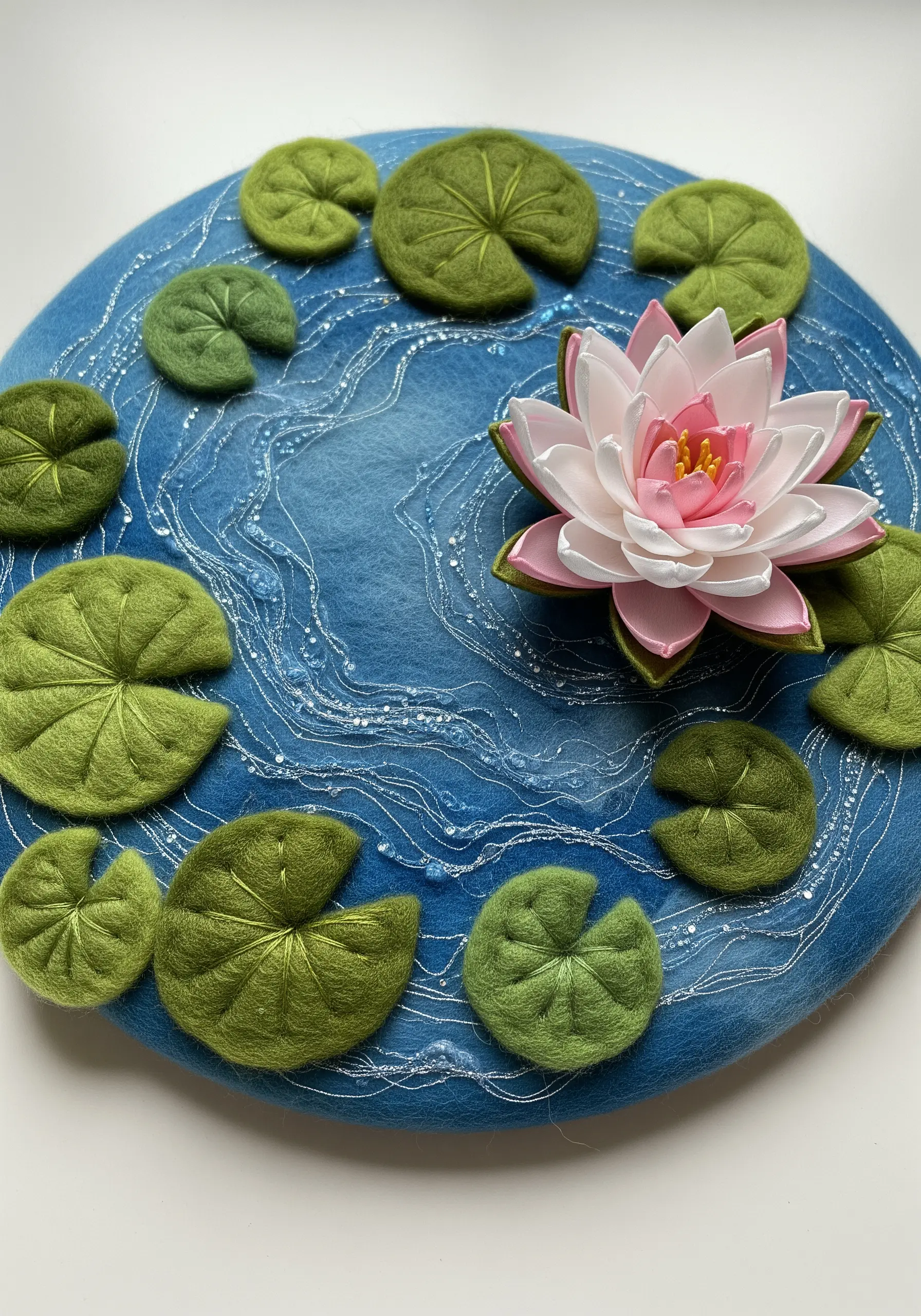A 3D water lily scene on blue felt, with felt lily pads and a fabric flower.