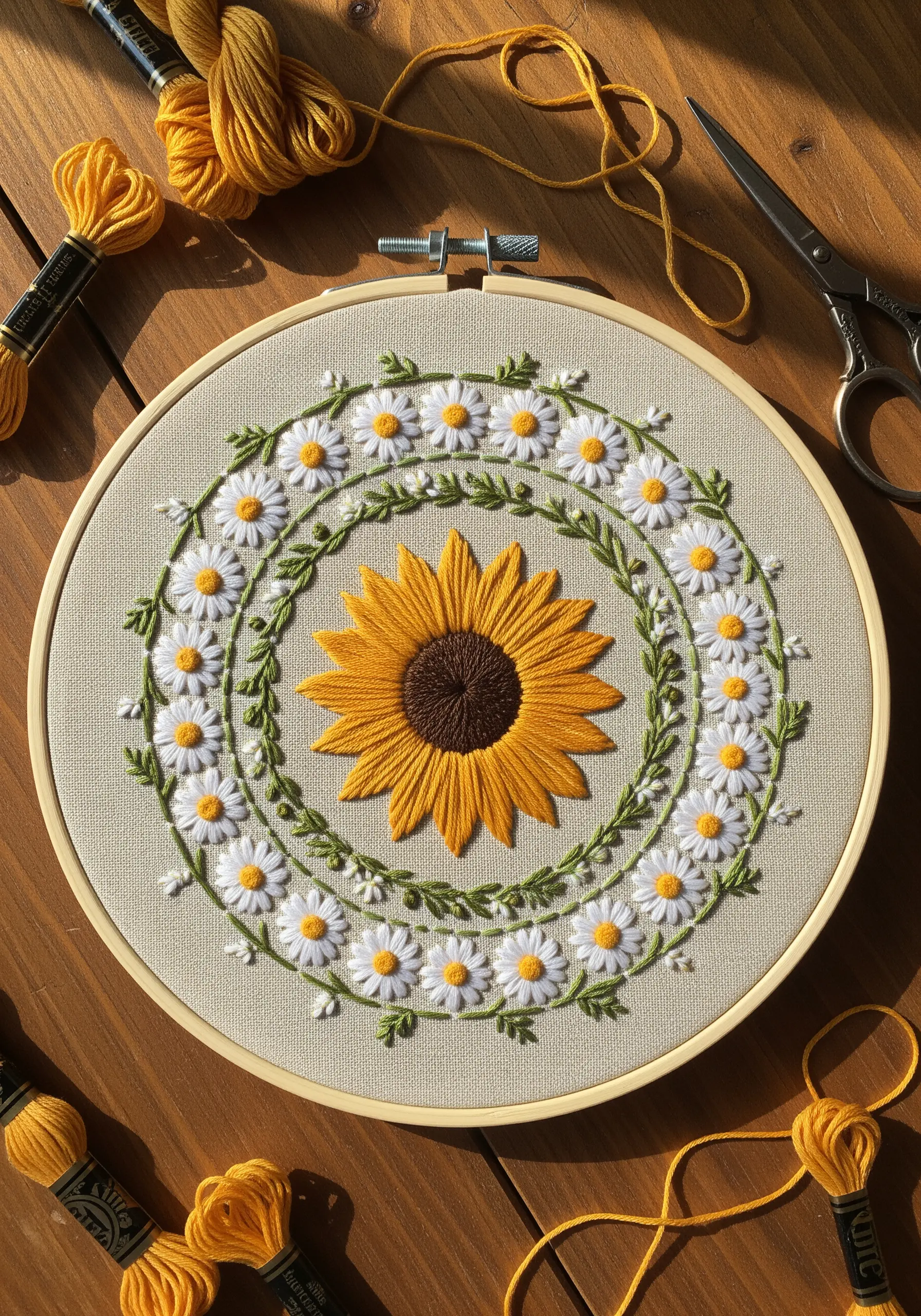 Embroidered sunflower and daisy mandala on neutral fabric.