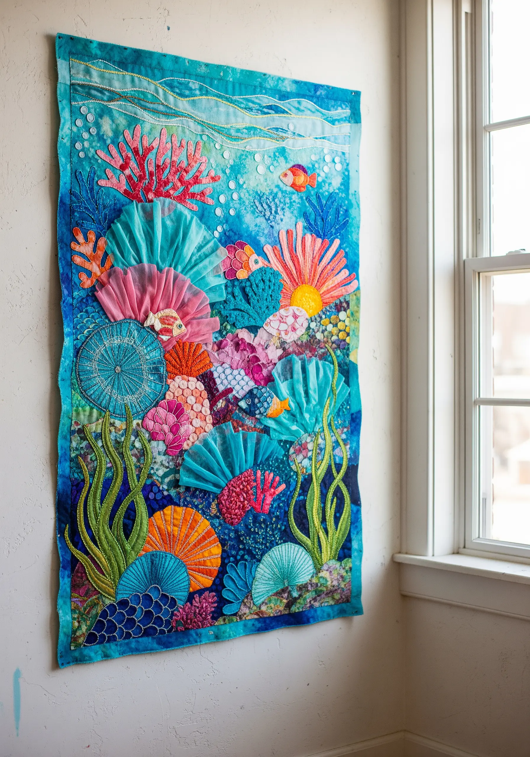 Layered fabric collage of a coral reef with dimensional stitching and pleated fan coral details.