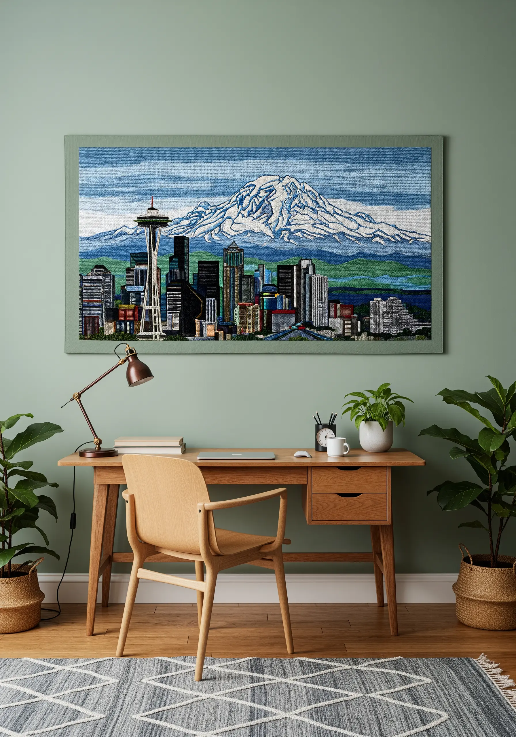Embroidered Seattle skyline with a detailed Mount Rainier in the background.
