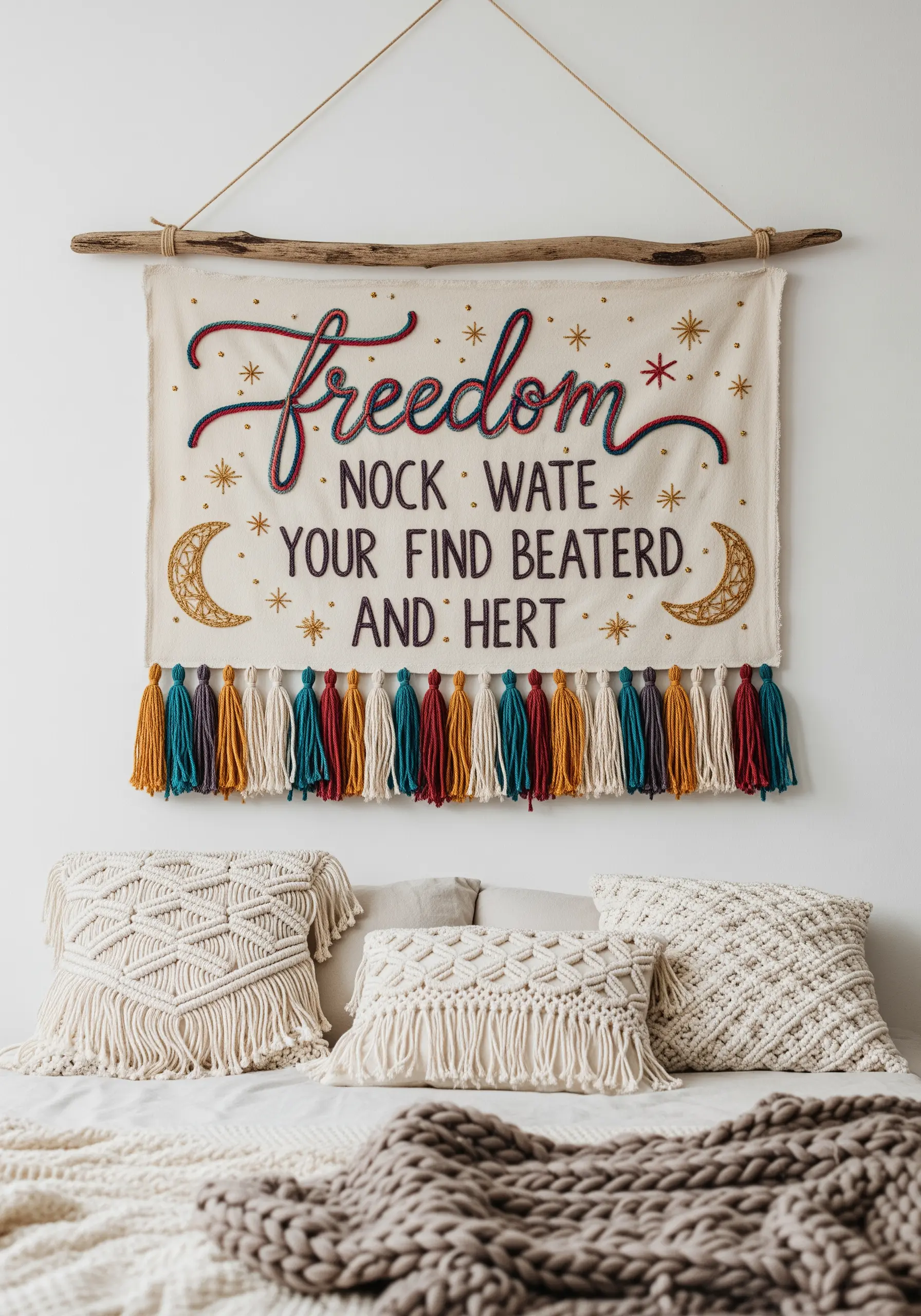 Boho embroidered wall hanging with cursive quote, tassels, and celestial details.