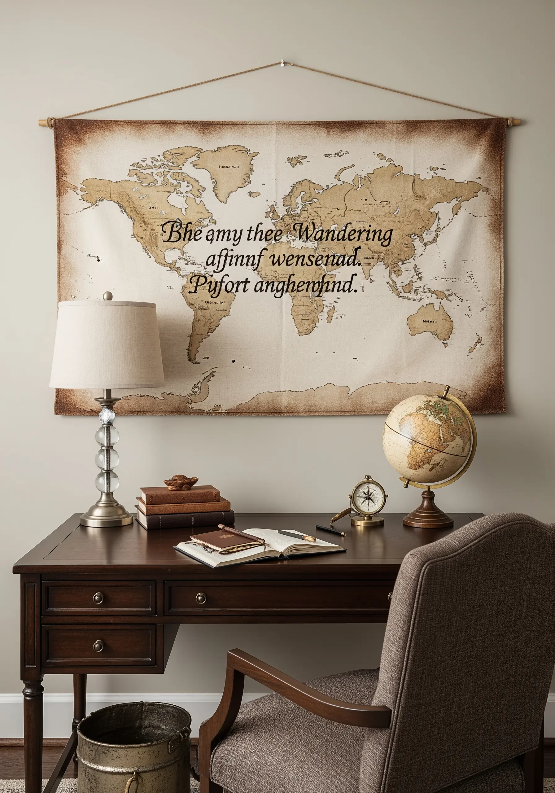 Black embroidered quote stitched directly onto a vintage world map wall hanging.