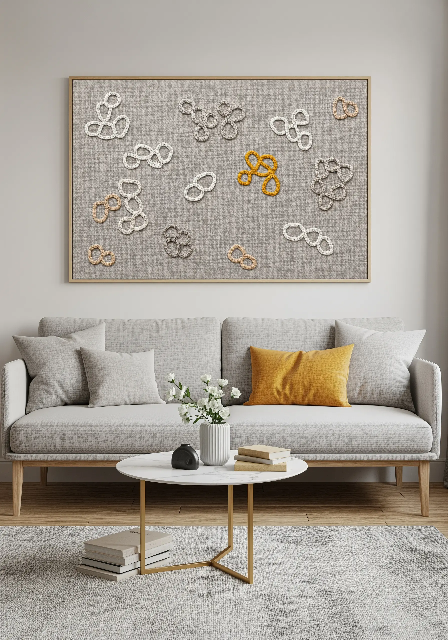 Large framed textile art with abstract looped shapes in neutral tones and a pop of yellow.