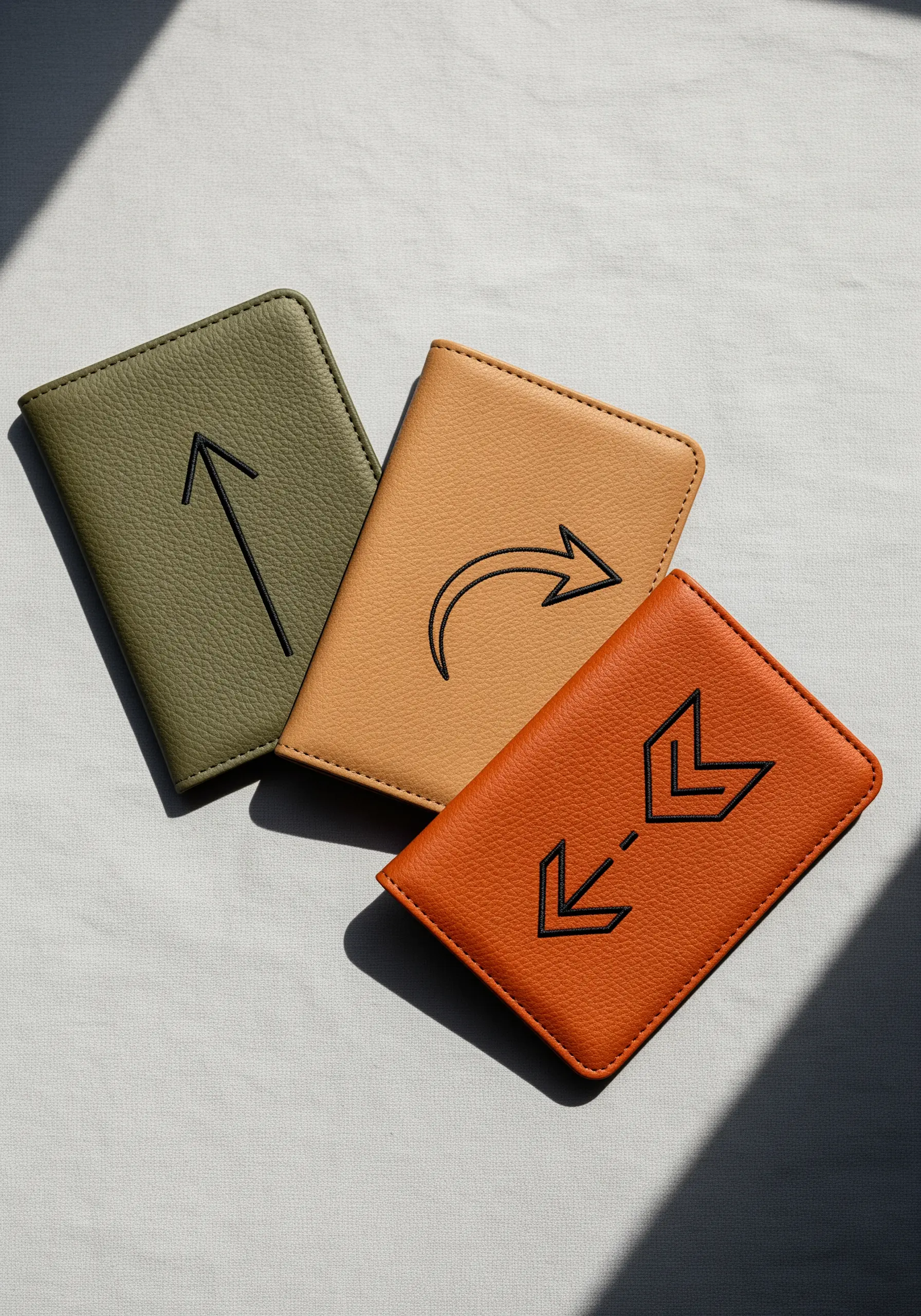 Three leather passport covers in green, tan, and orange, each with a simple black arrow symbol.