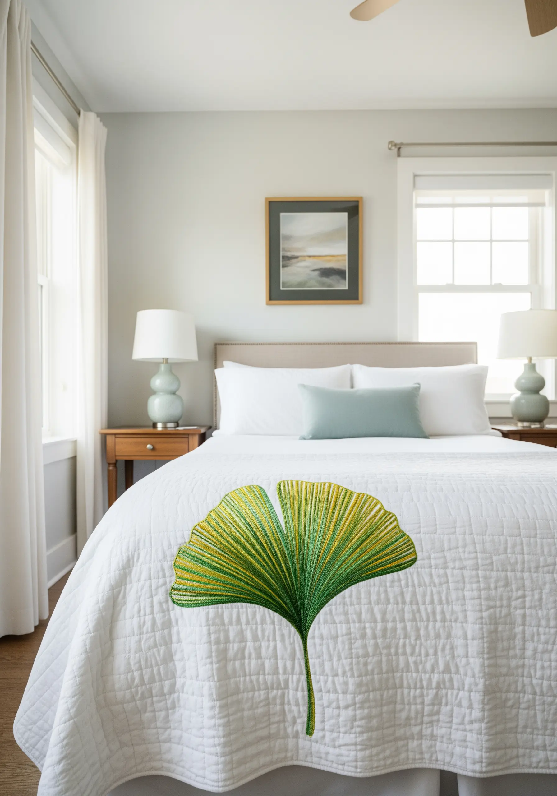A massive embroidered ginkgo leaf with green and yellow gradients on a white quilted bedspread.