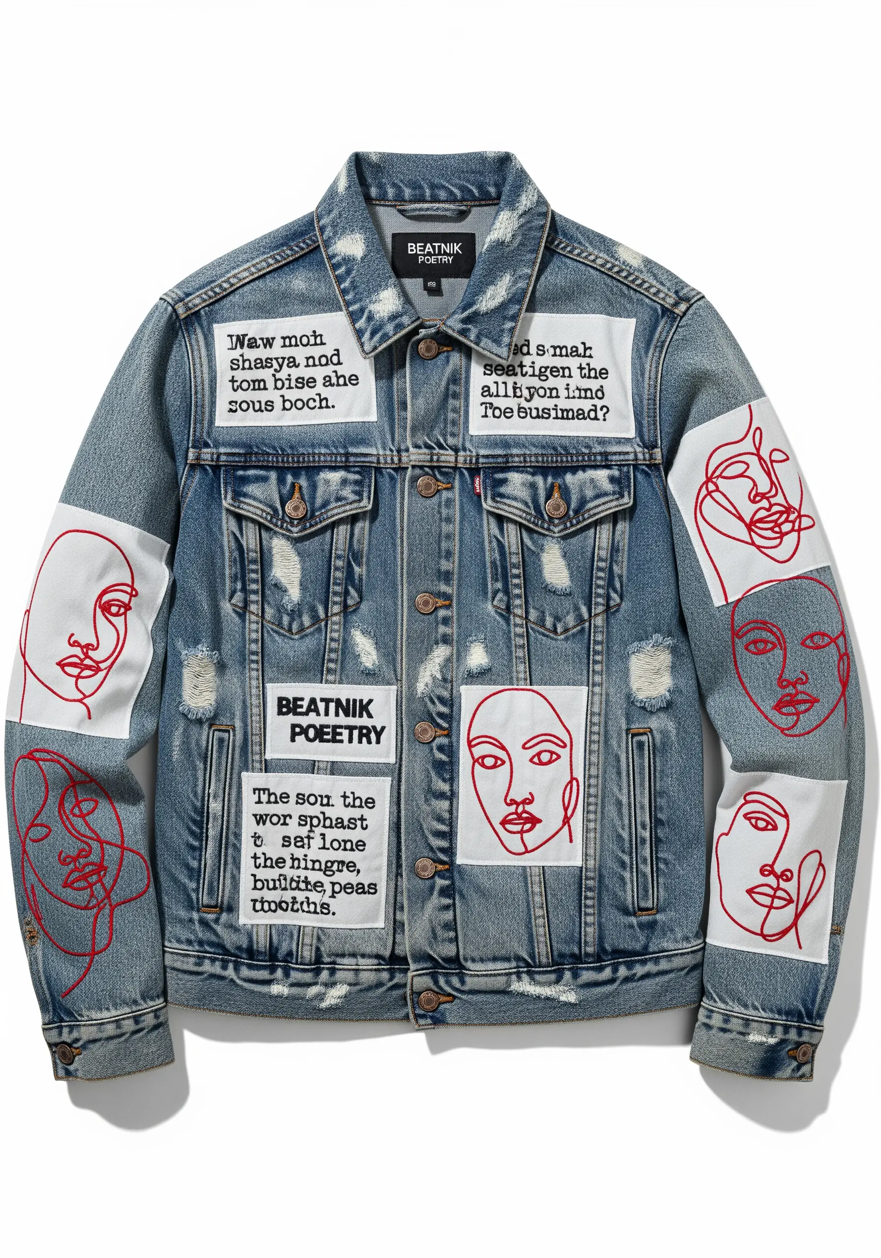 A collection of patches with red line art faces and text stitched onto a distressed denim jacket.
