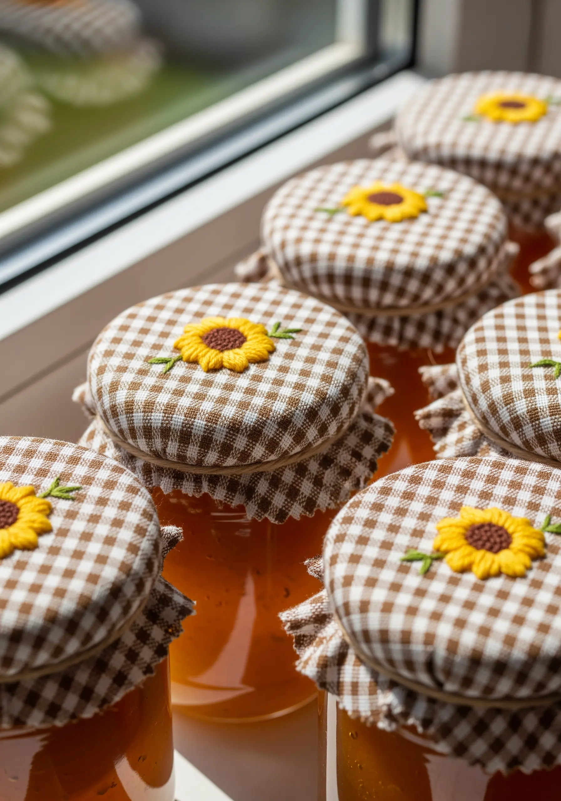 Gingham fabric jar toppers with a small, simple embroidered sunflower in the center.