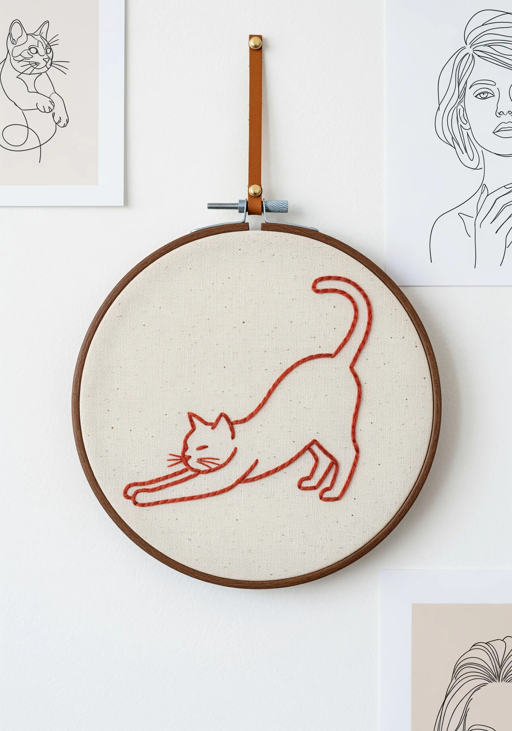 Minimalist red line art embroidery of a stretching cat in a dark hoop.
