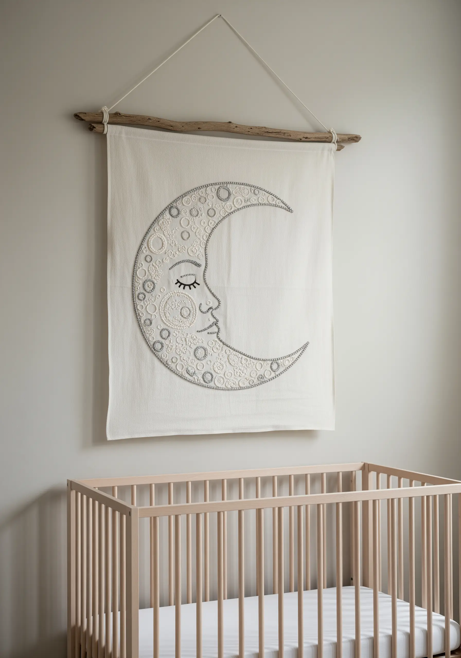 A large moon motif on a wall hanging, filled with various textural embroidery stitches.
