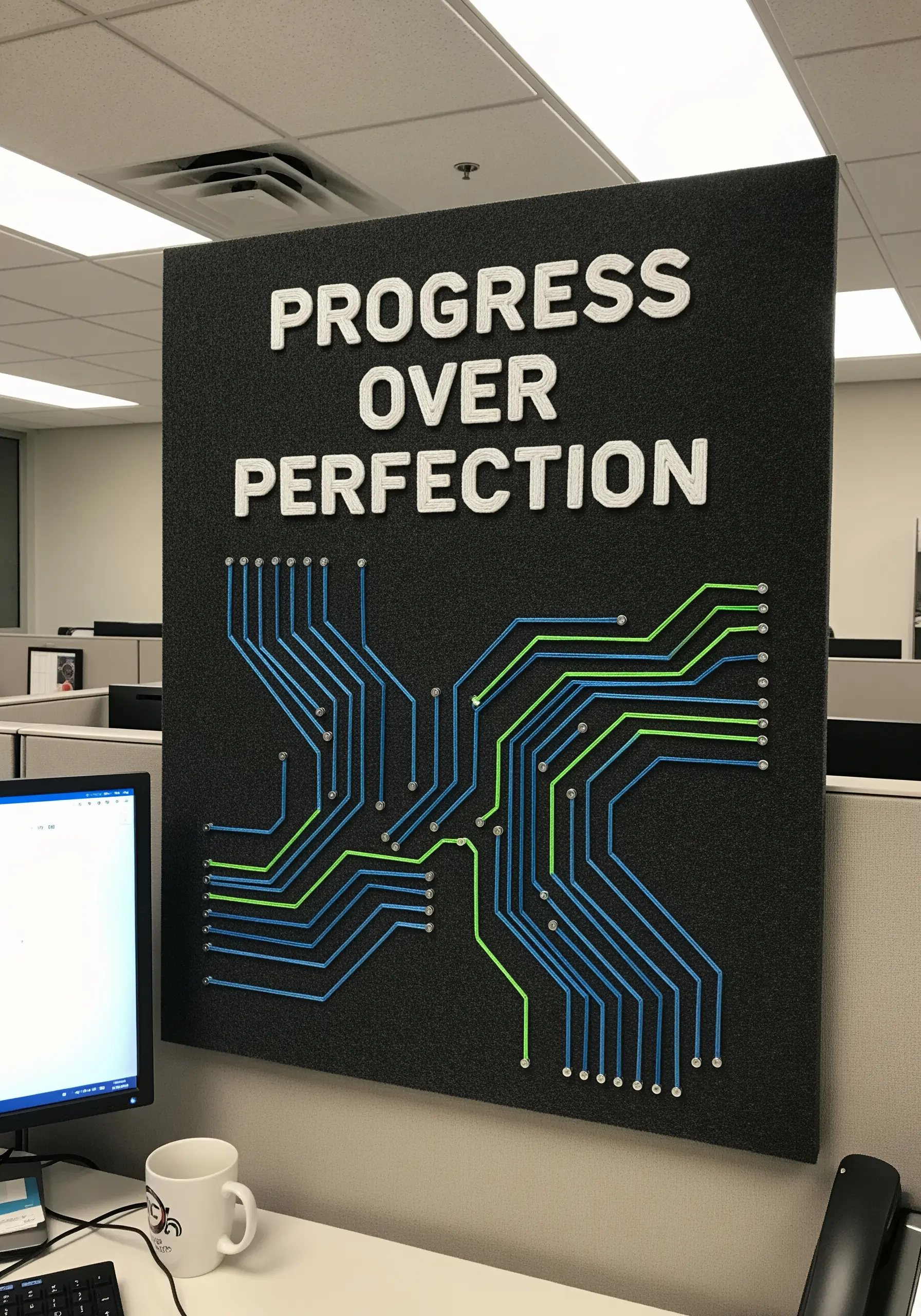 String art on a dark board resembling a circuit board, with the quote 'PROGRESS OVER PERFECTION.'