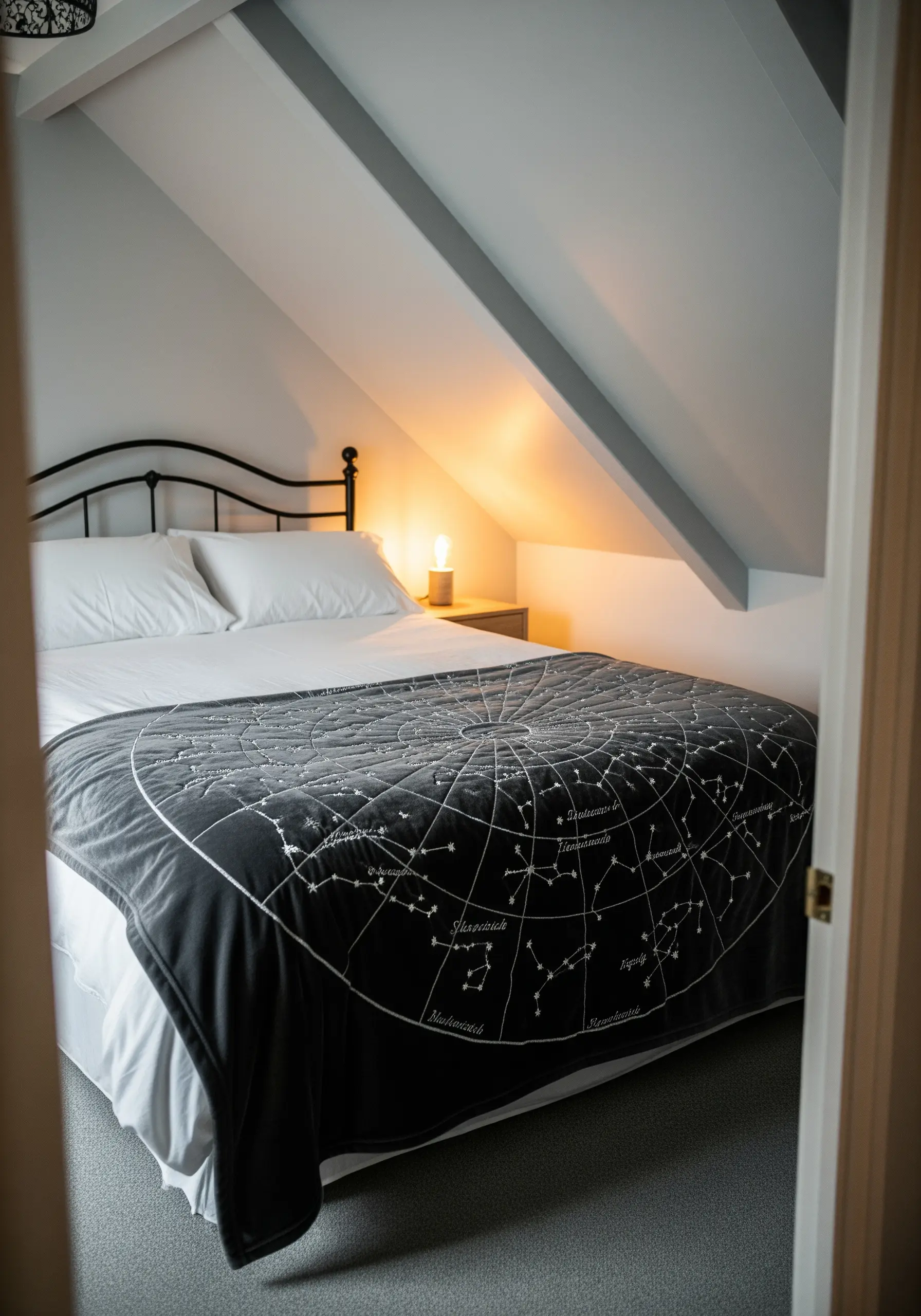 White thread constellation map embroidered on a dark grey plush bedspread.