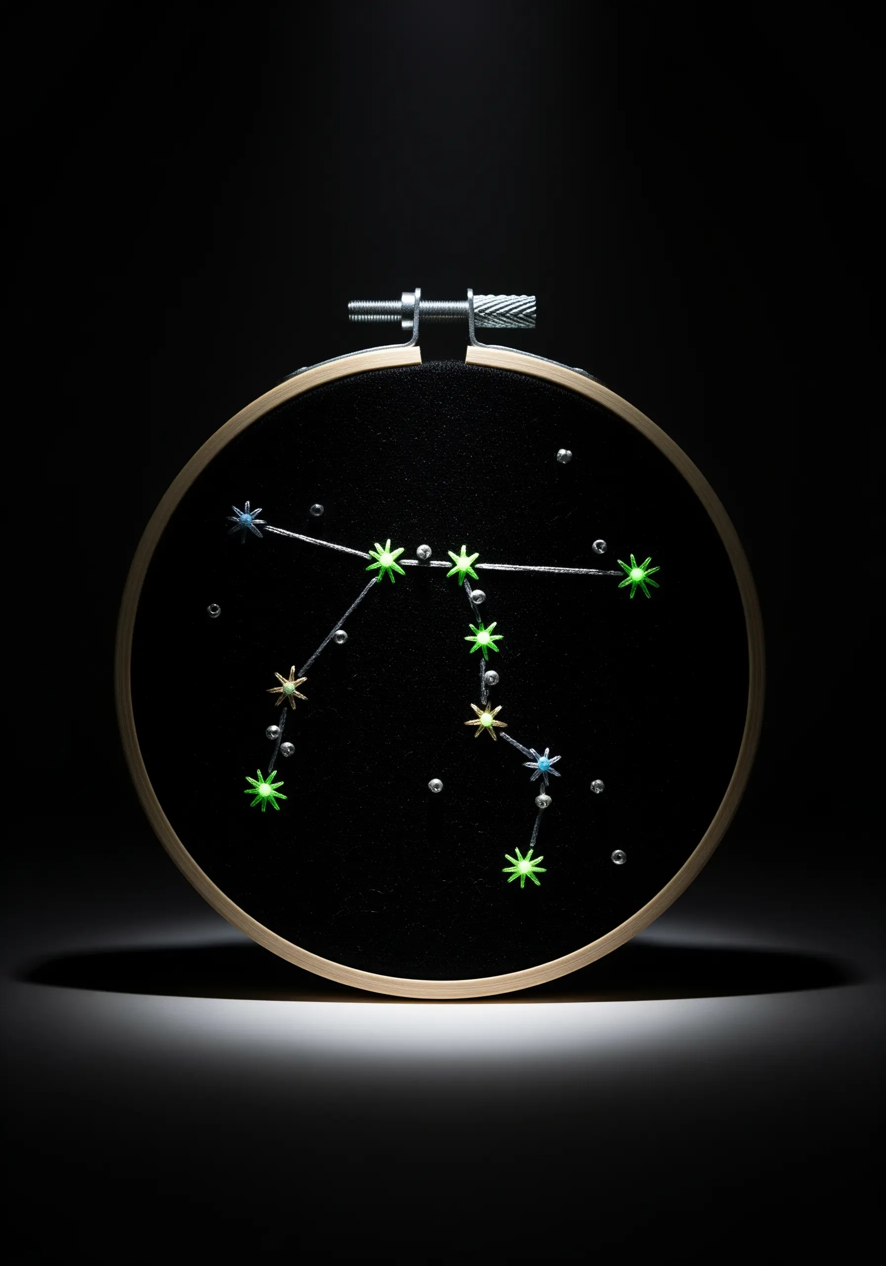 Embroidered constellation with glow-in-the-dark thread and beads on black fabric.