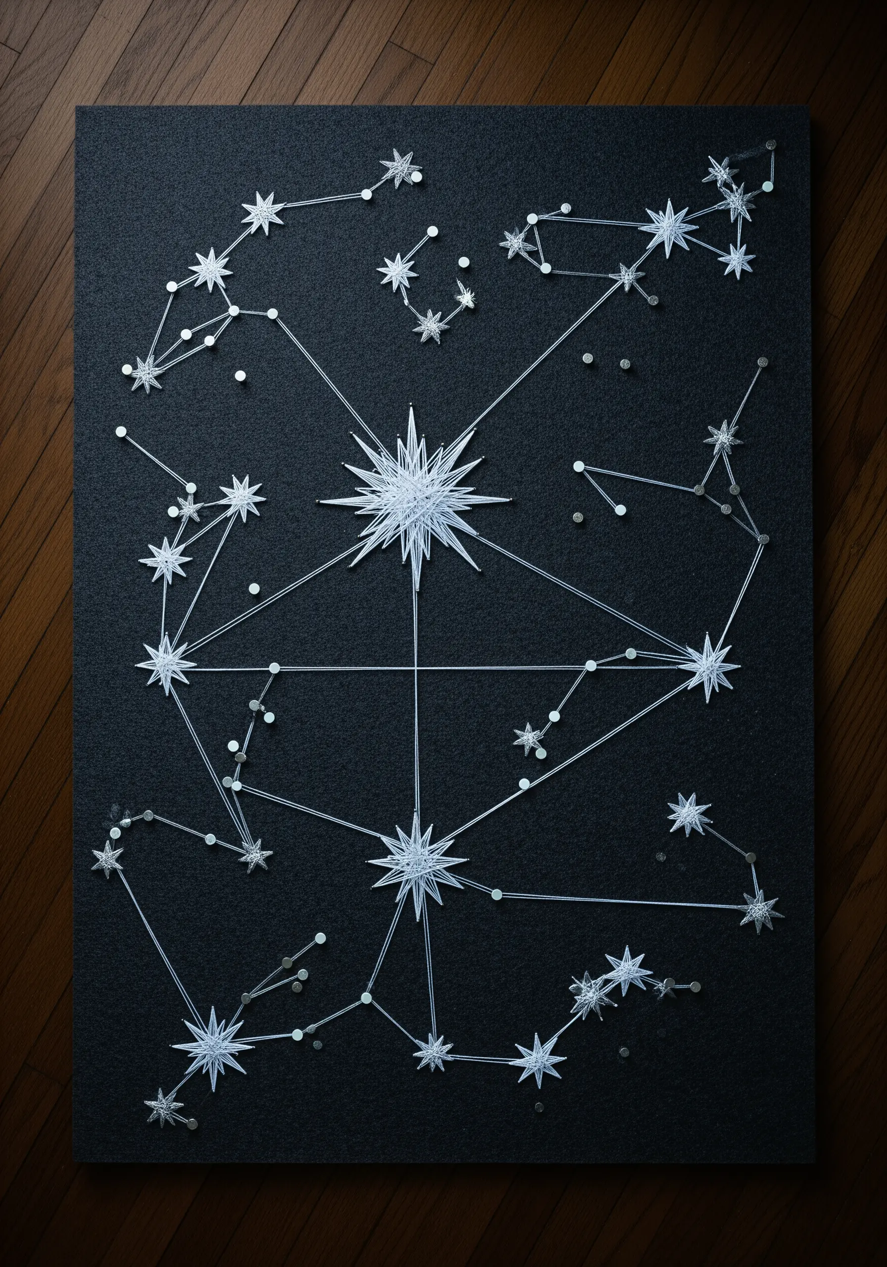 String art constellations with white thread on a black background, forming celestial patterns.