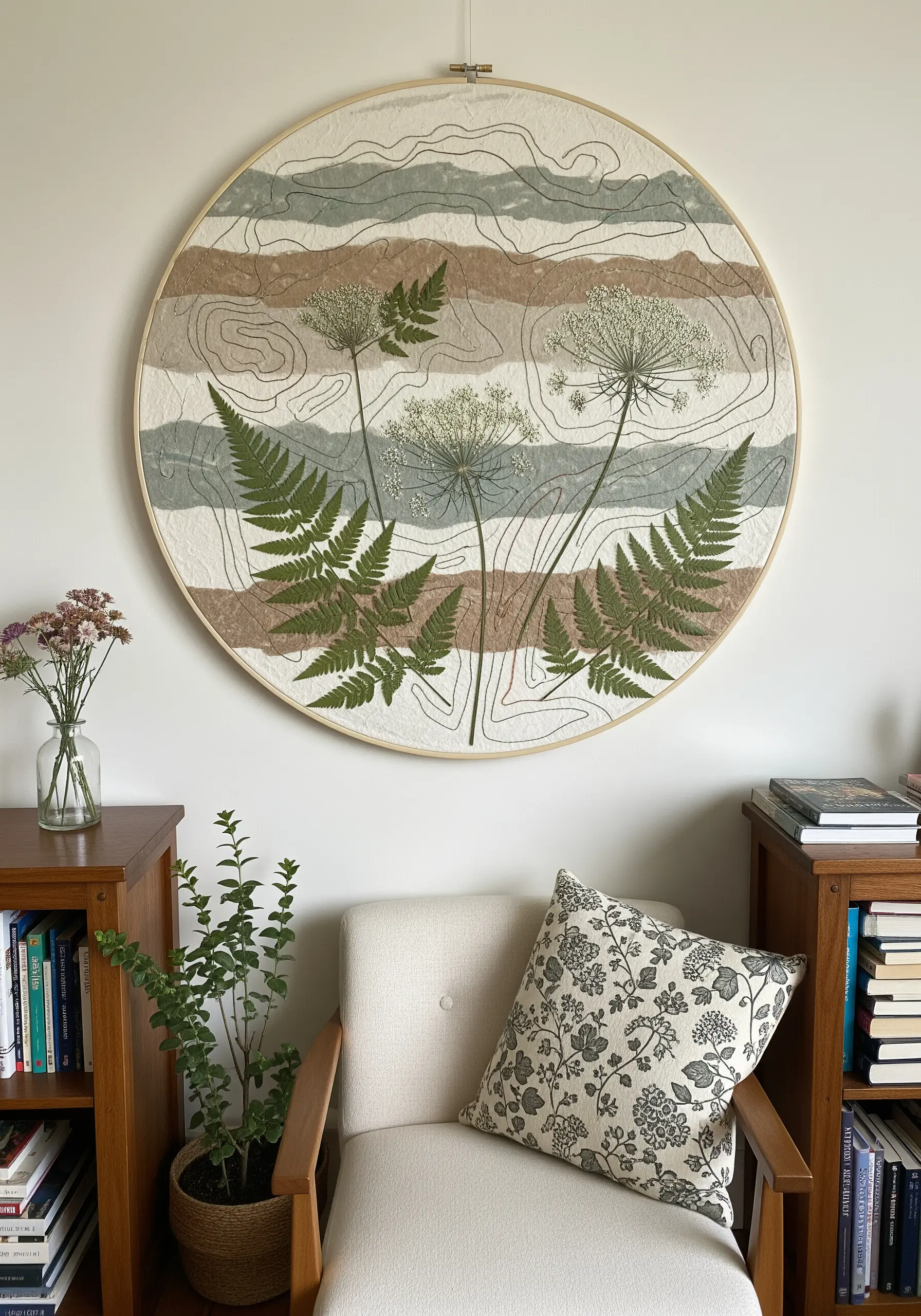 Large embroidery hoop with fabric appliqué strips, pressed ferns, and stitched contour lines.