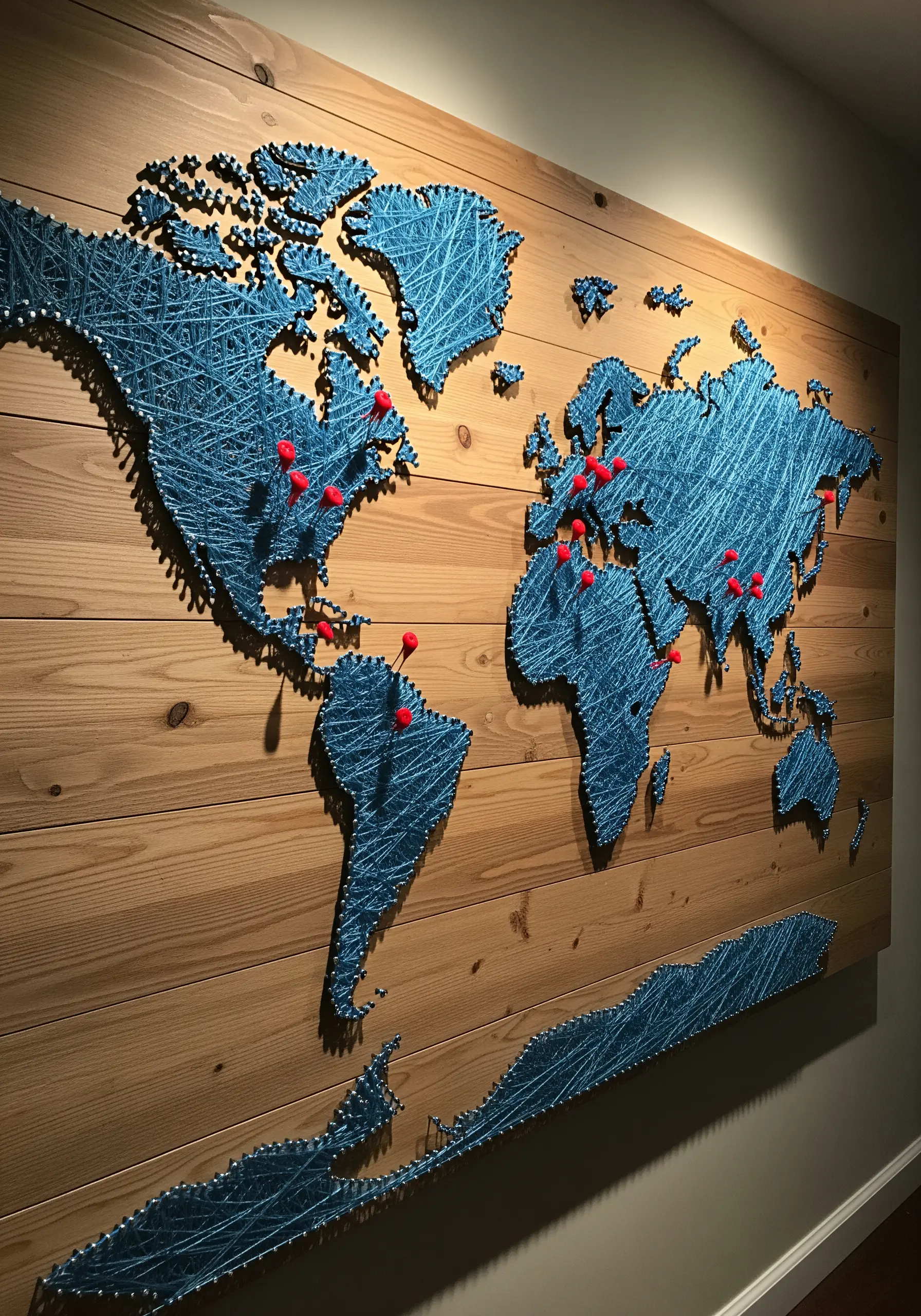 A large wooden world map made with dense blue string art, with red pins marking locations.