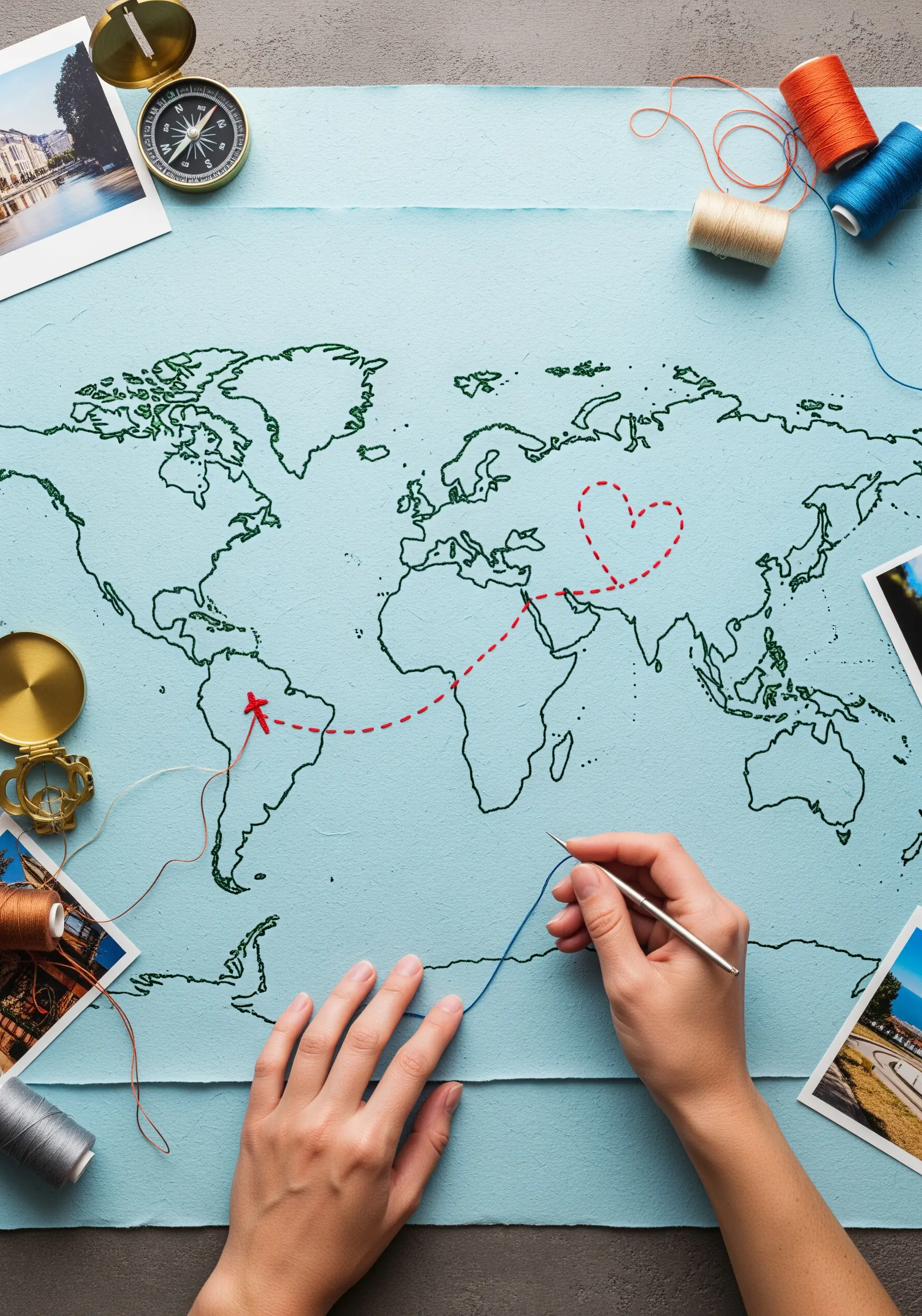 A world map on blue paper with continents outlined in green thread and travel routes in red.