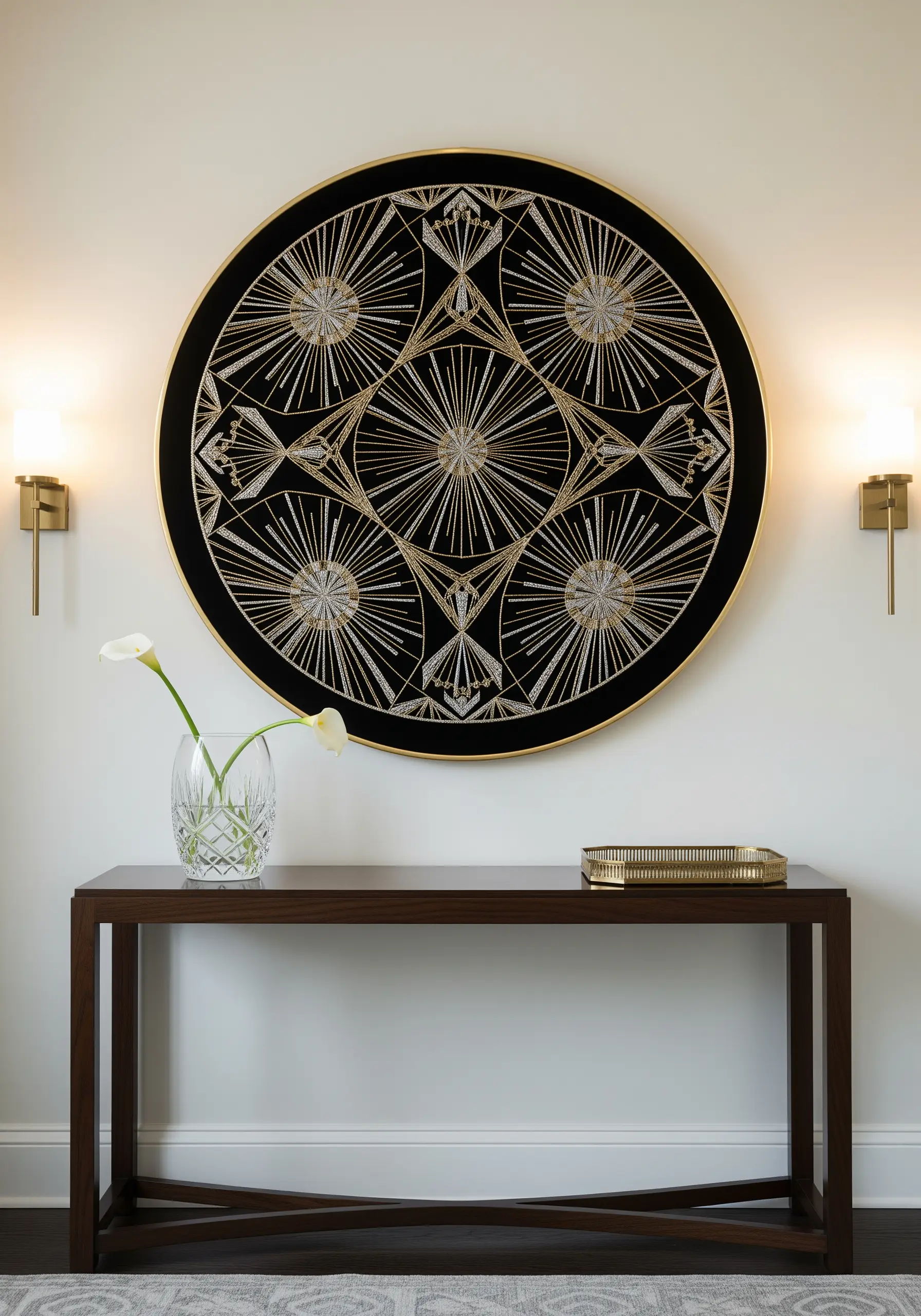 Large circular Art Deco embroidery in gold and silver thread on a black background.