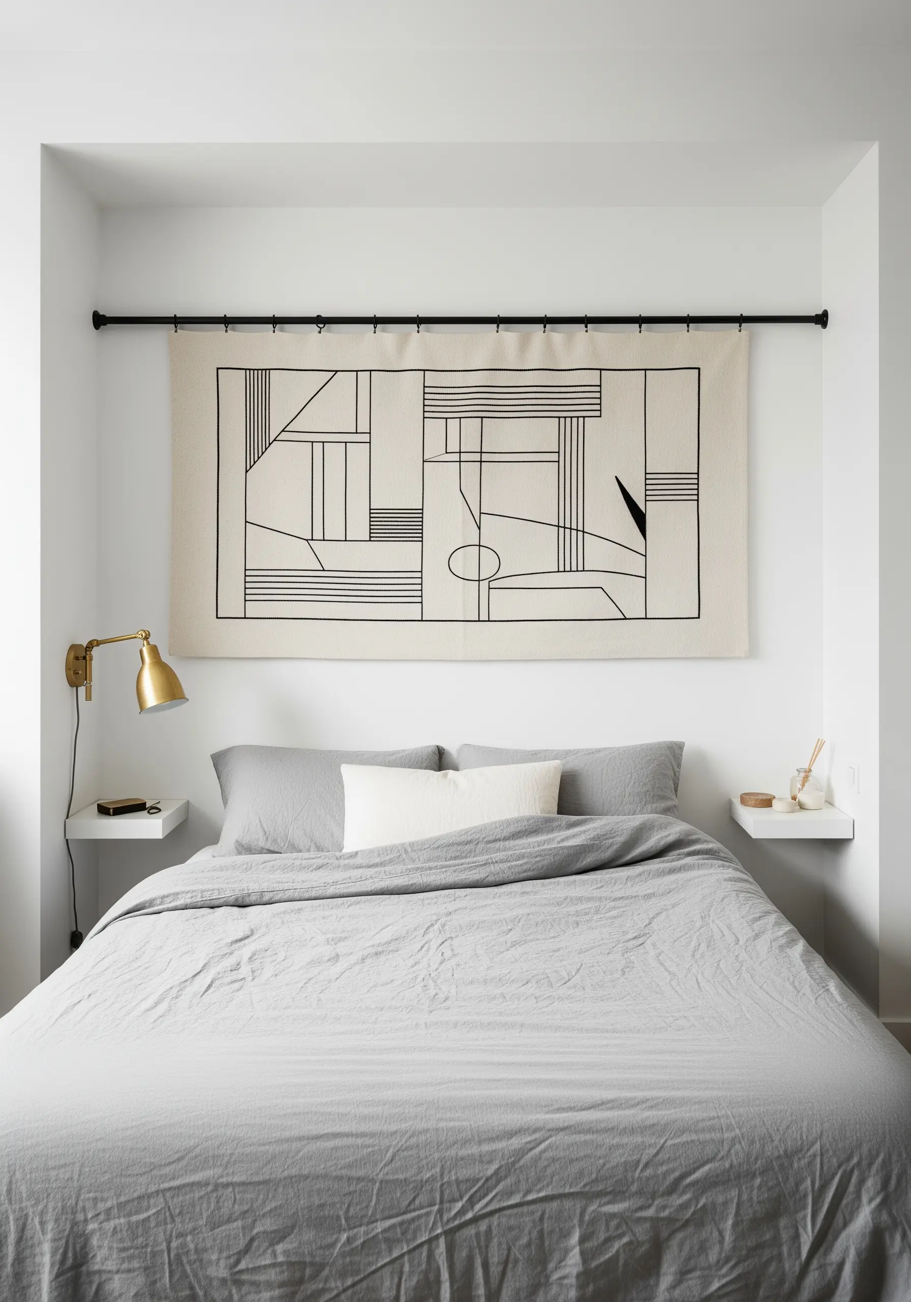 Abstract black line art embroidery tapestry hung above a modern bed with grey linens.