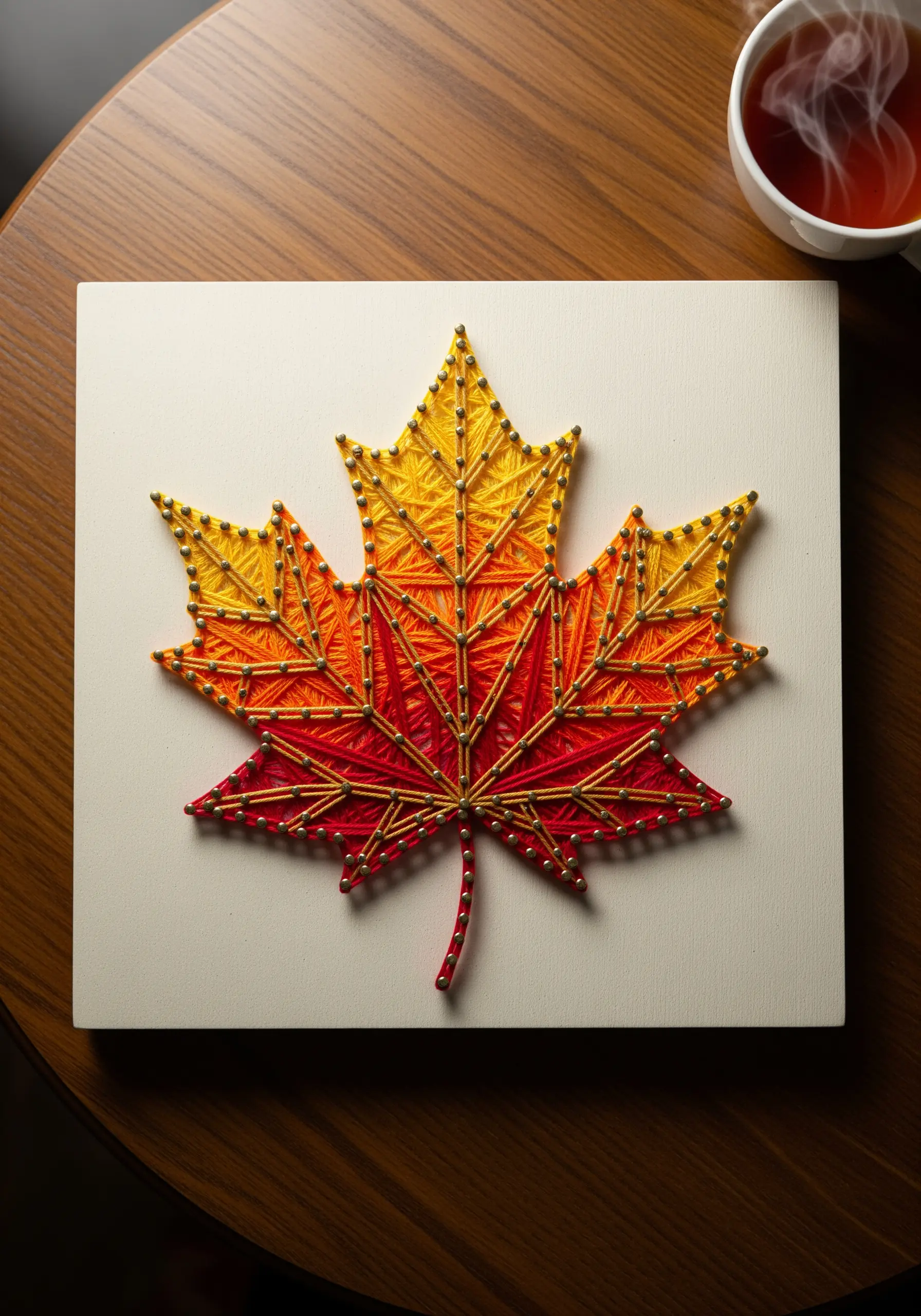 A single maple leaf in string art with a red, orange, and yellow gradient.