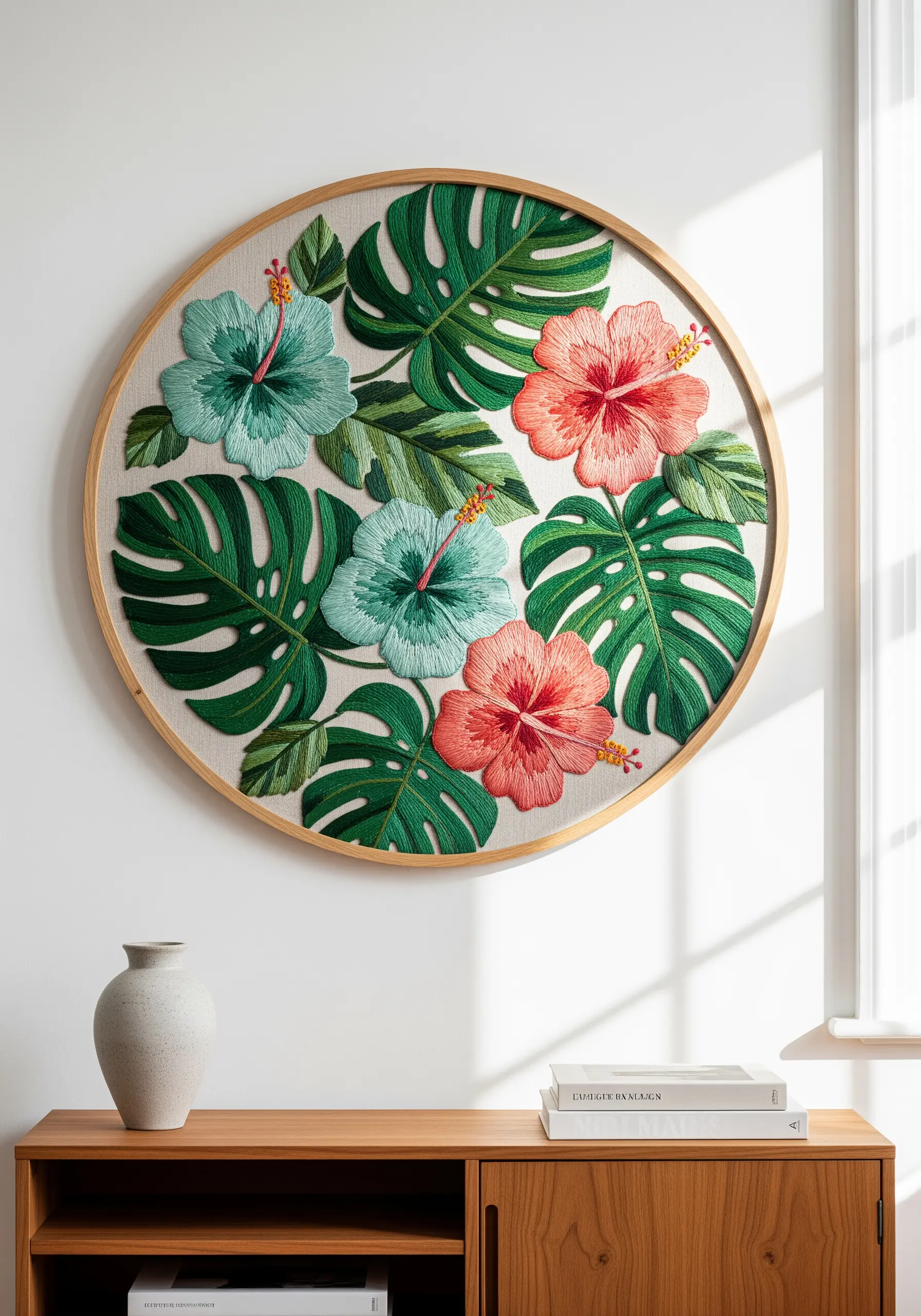 Large round hoop art with embroidered monstera leaves and hibiscus flowers in high relief.
