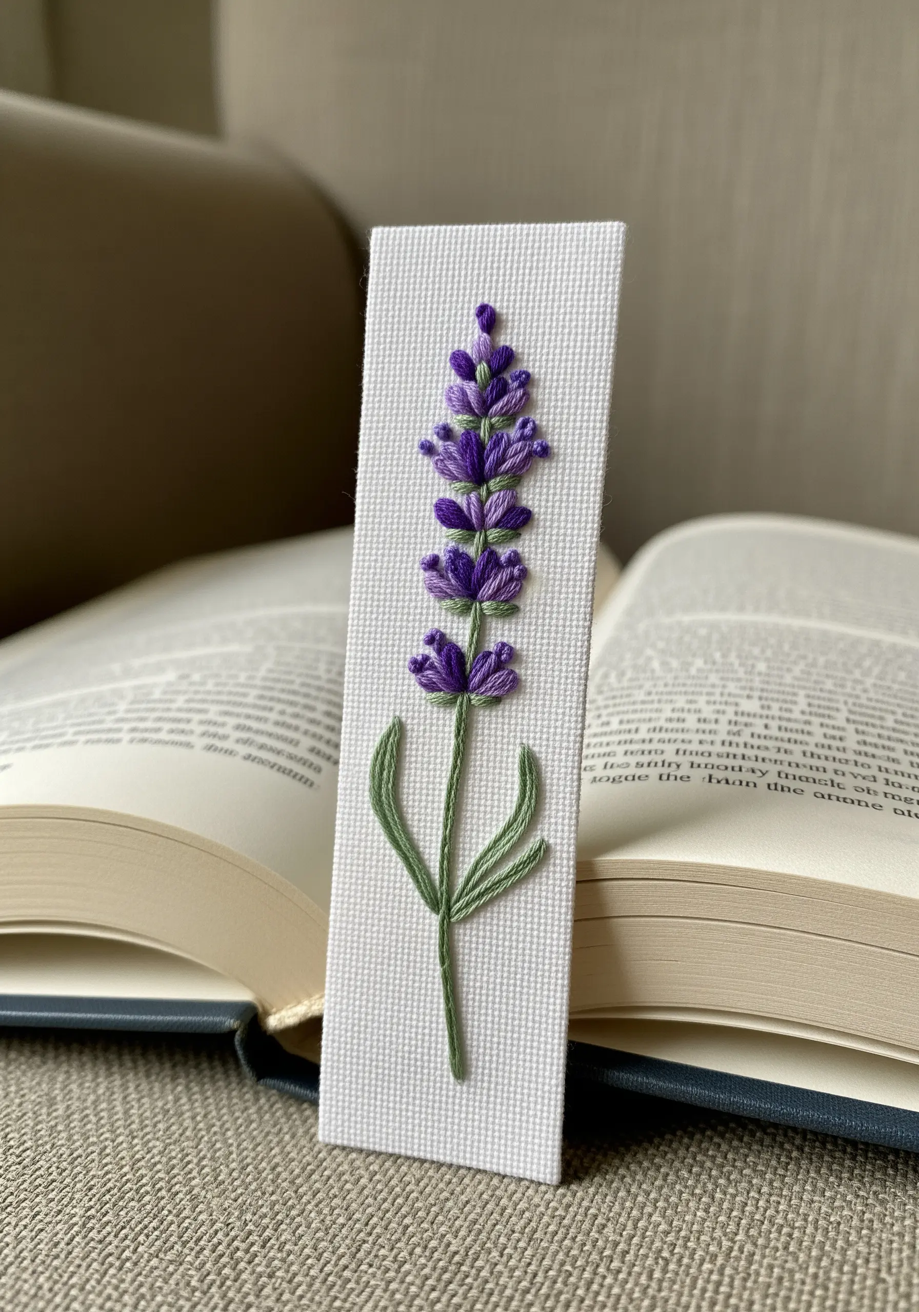 A white bookmark with a hand-embroidered lavender stalk placed inside an open book.