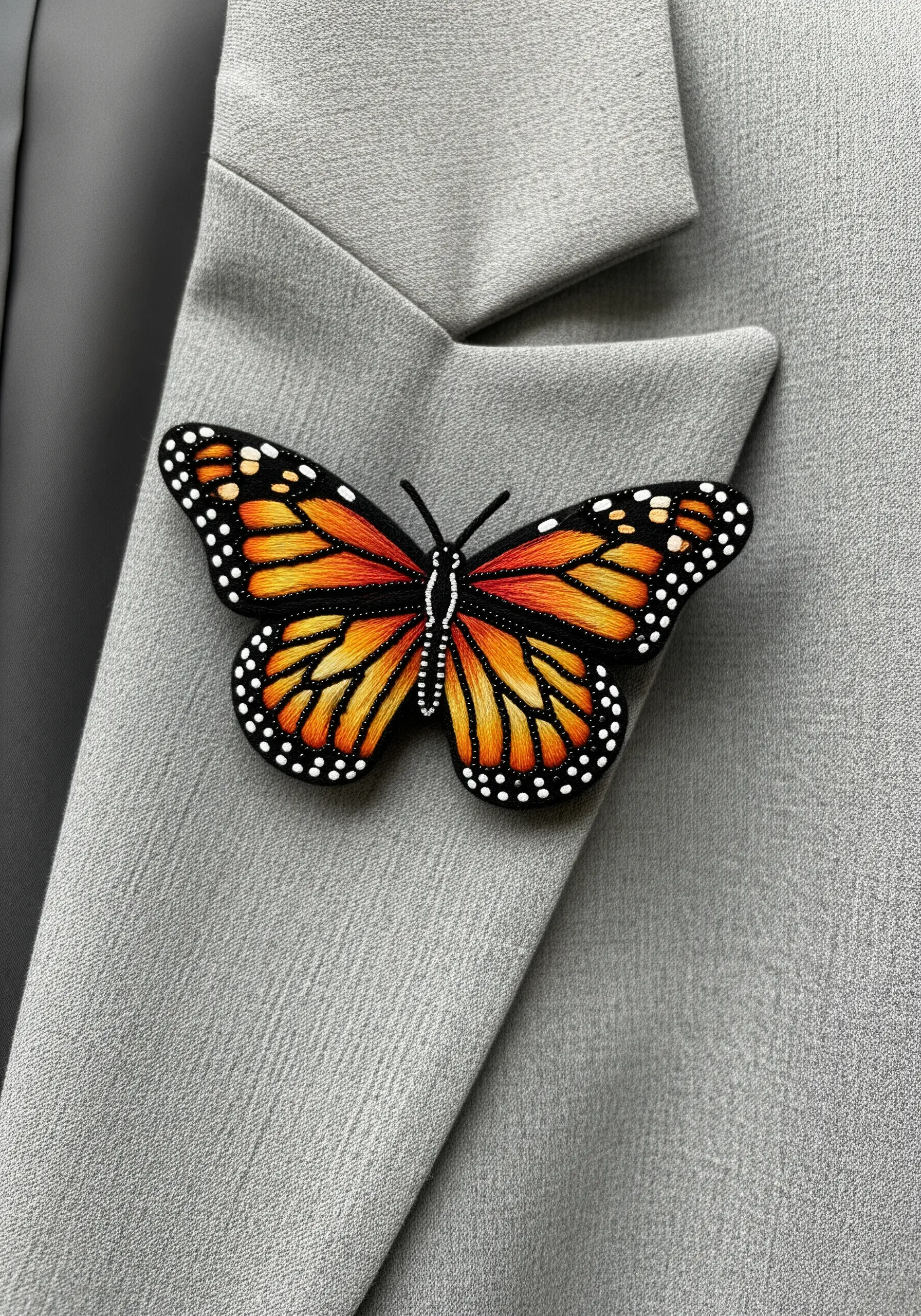 A highly detailed embroidered monarch butterfly brooch with realistic color blending.