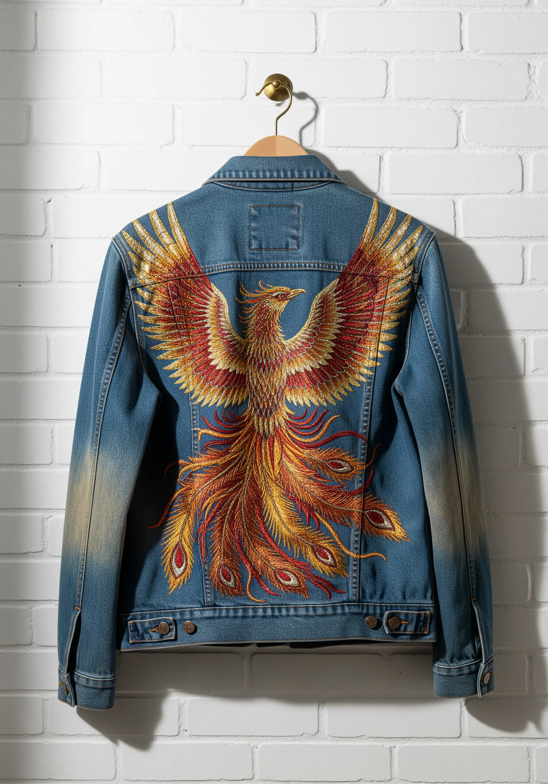 Large-scale phoenix embroidered on the back of a denim jacket with metallic threads.
