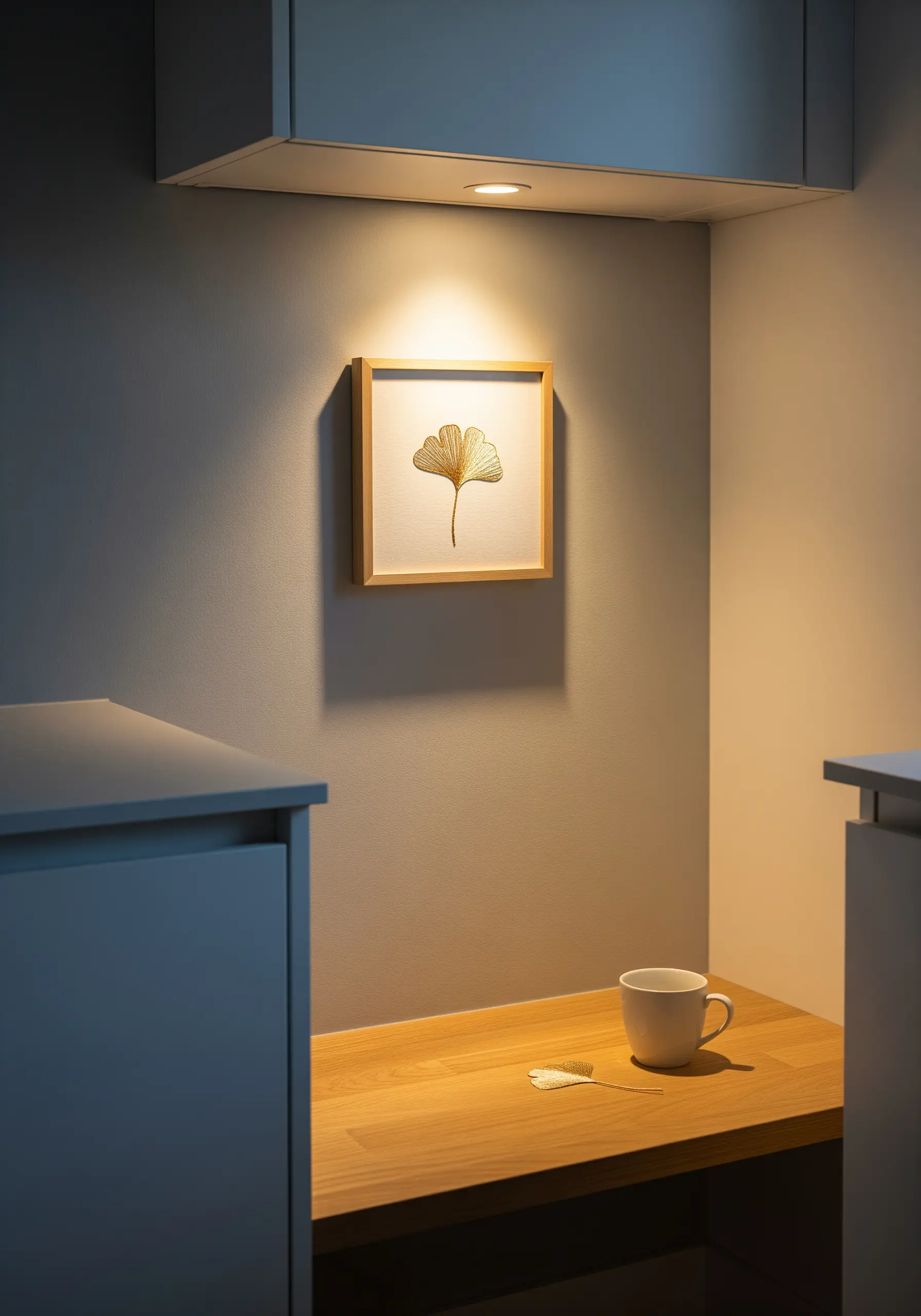 A single ginkgo leaf embroidered in gold metallic thread, framed and spotlit in a kitchen nook.