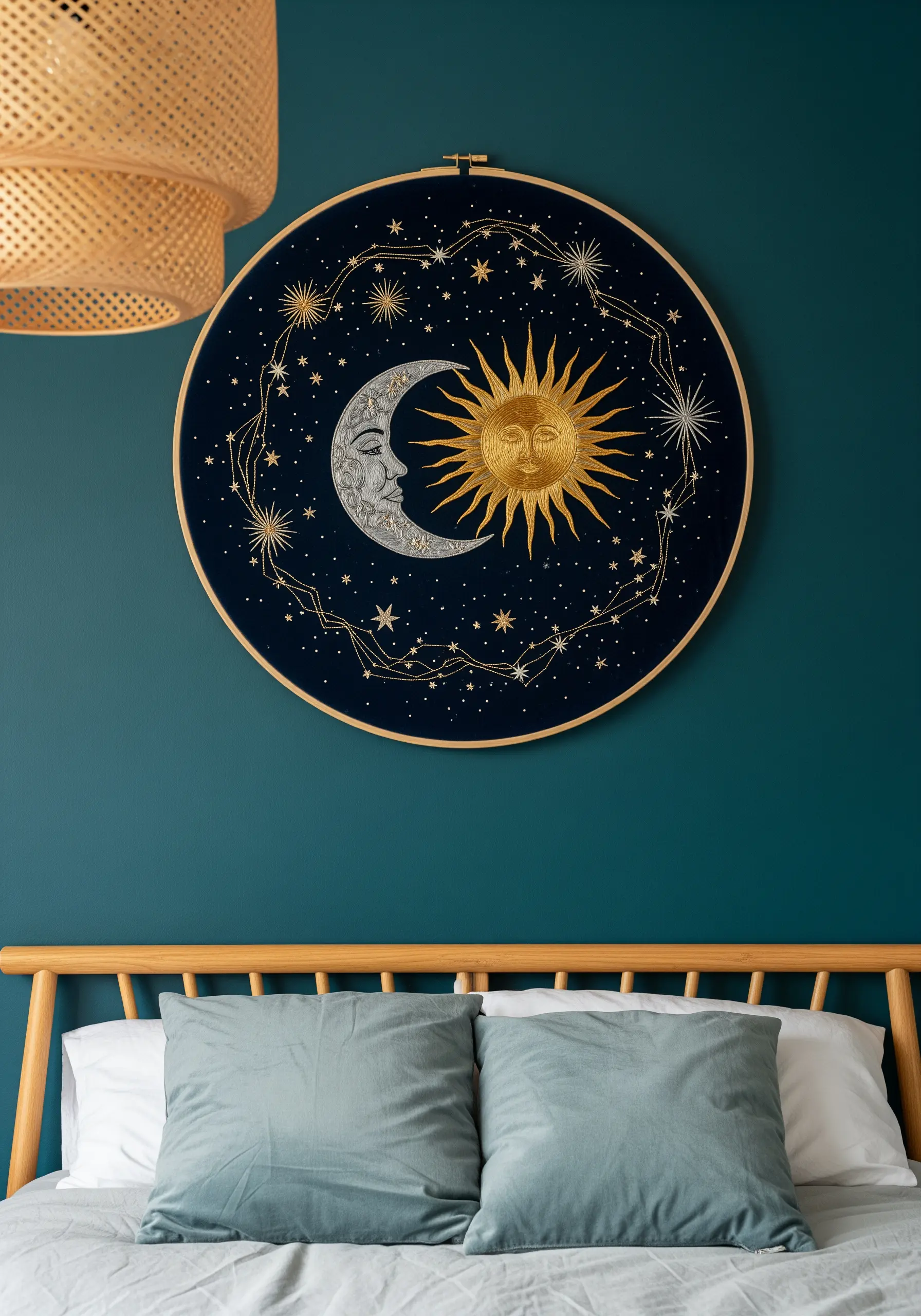 Celestial embroidery hoop with metallic gold sun and silver moon on dark navy fabric.